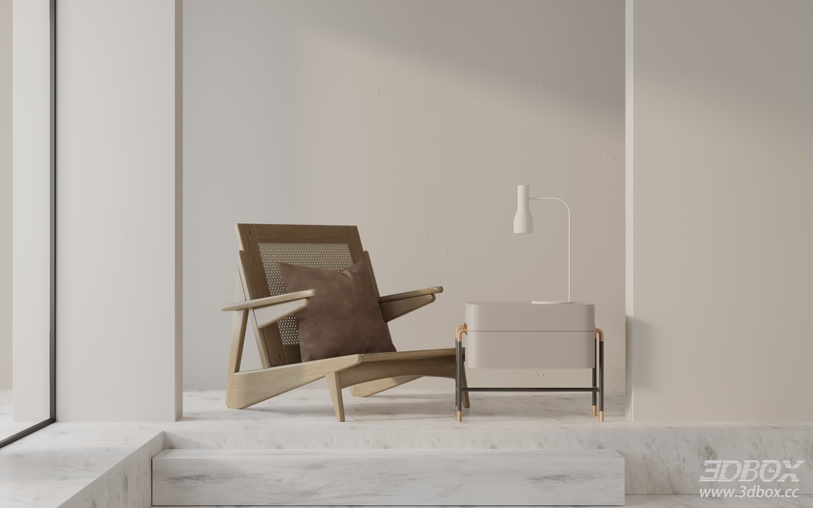 Modern Wooden Rattan Armchair with Side Table and Floor Lamp