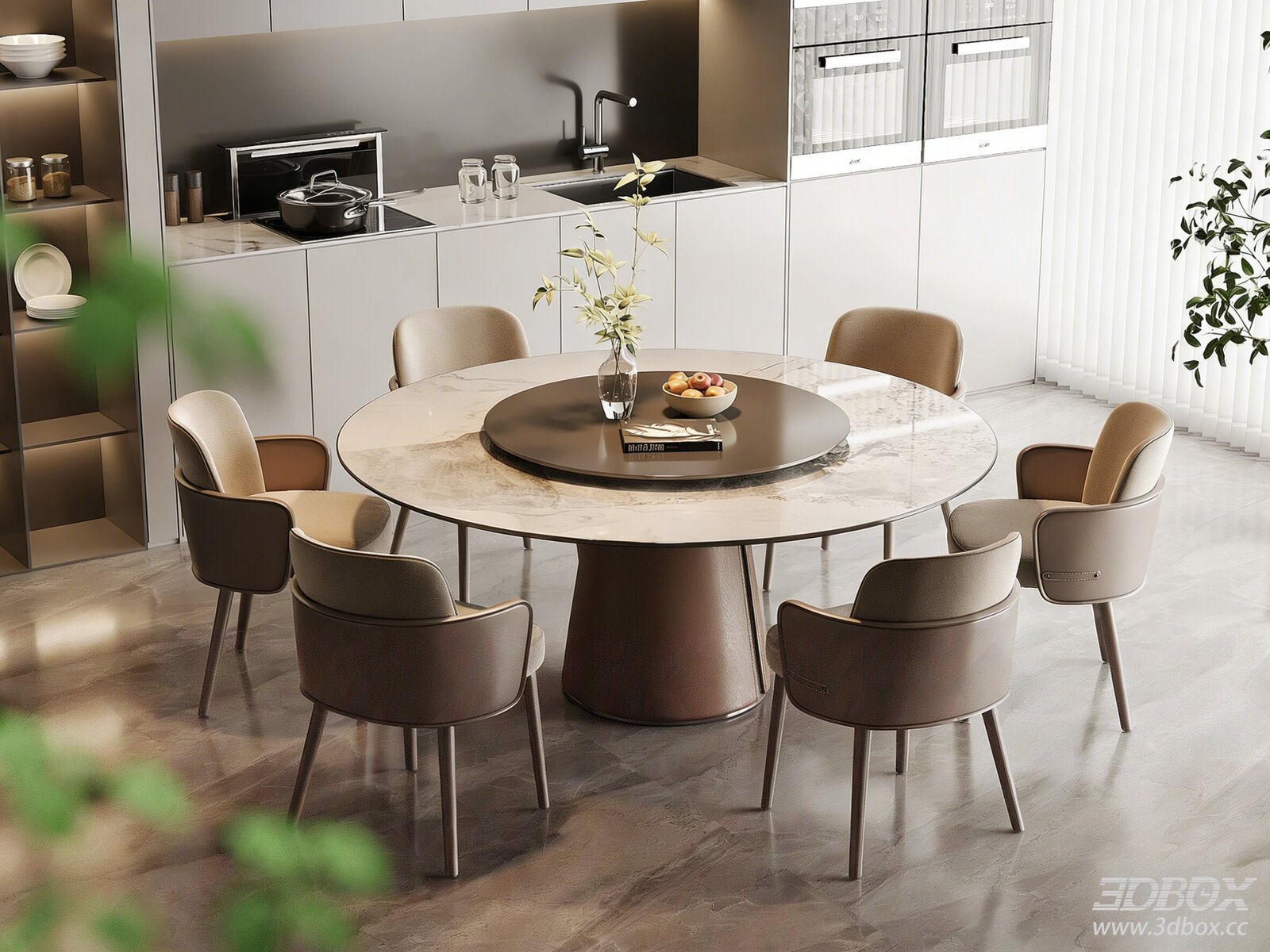 Modern Marble Round Dining Set with Kitchen and Wine Cabinet