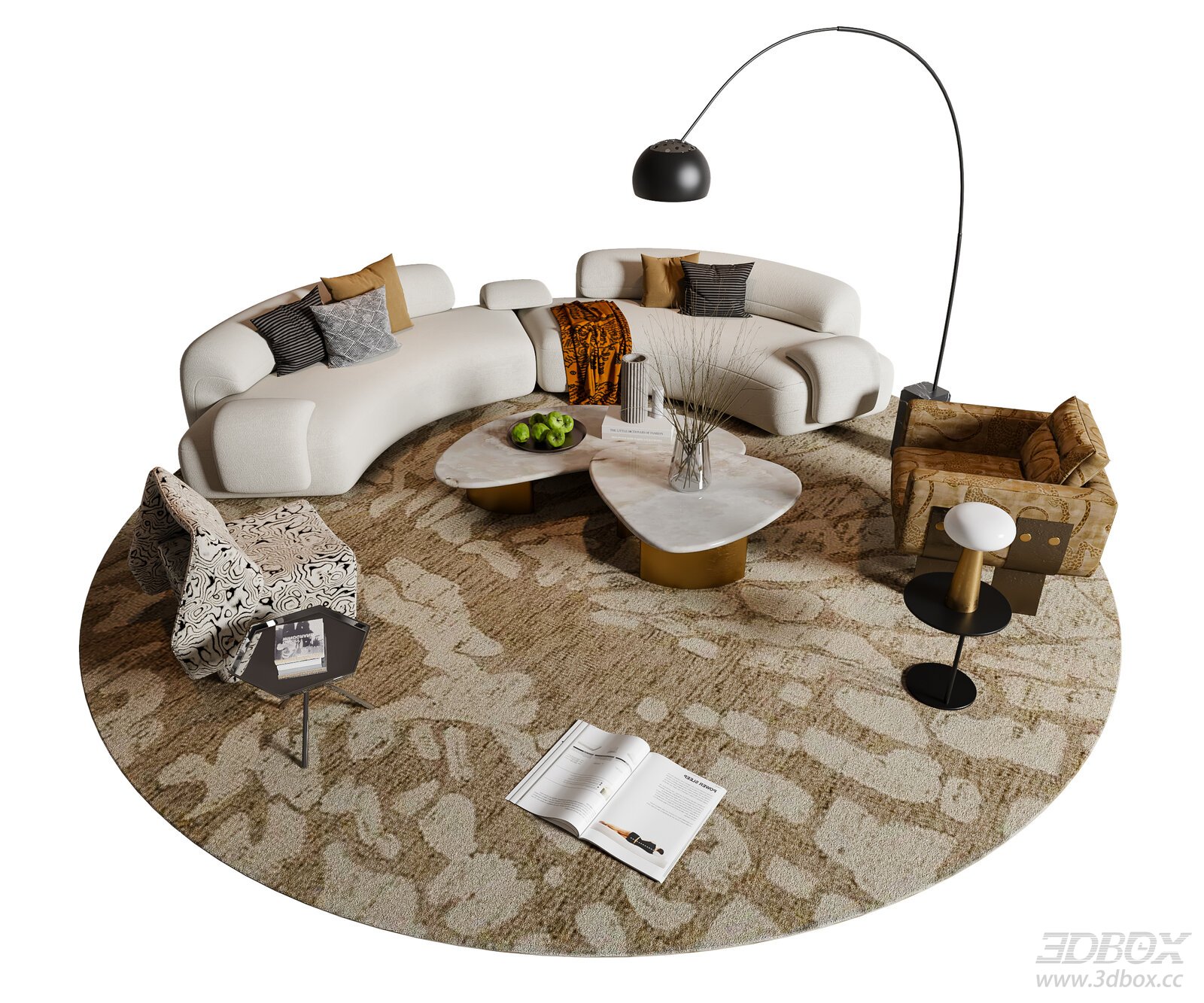 Modern Luxury Curved Sofa Set with Coffee Tables and Armchairs