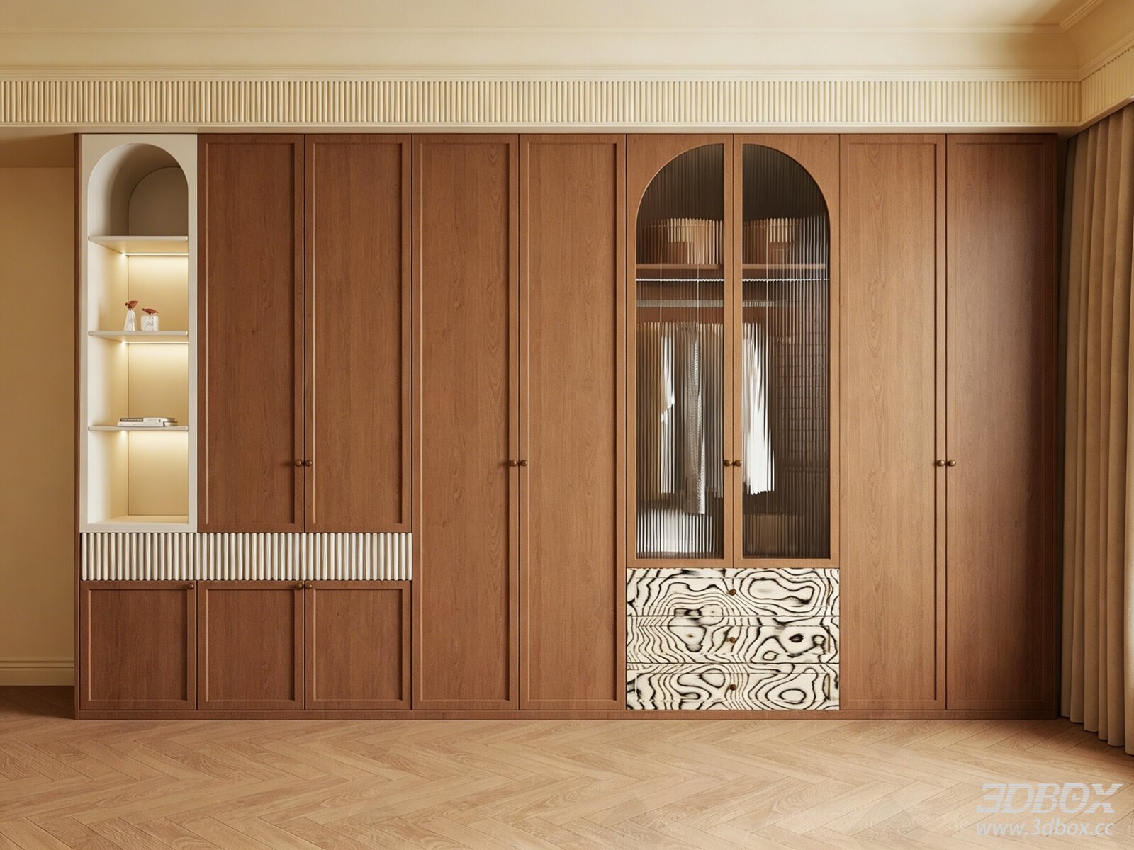 Vintage Built-in Wooden Wardrobe with Glass Display Door