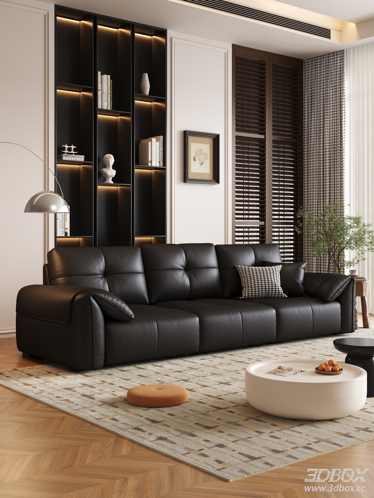 Modern Luxury Living Room with Black Leather Sofa and Coffee Table