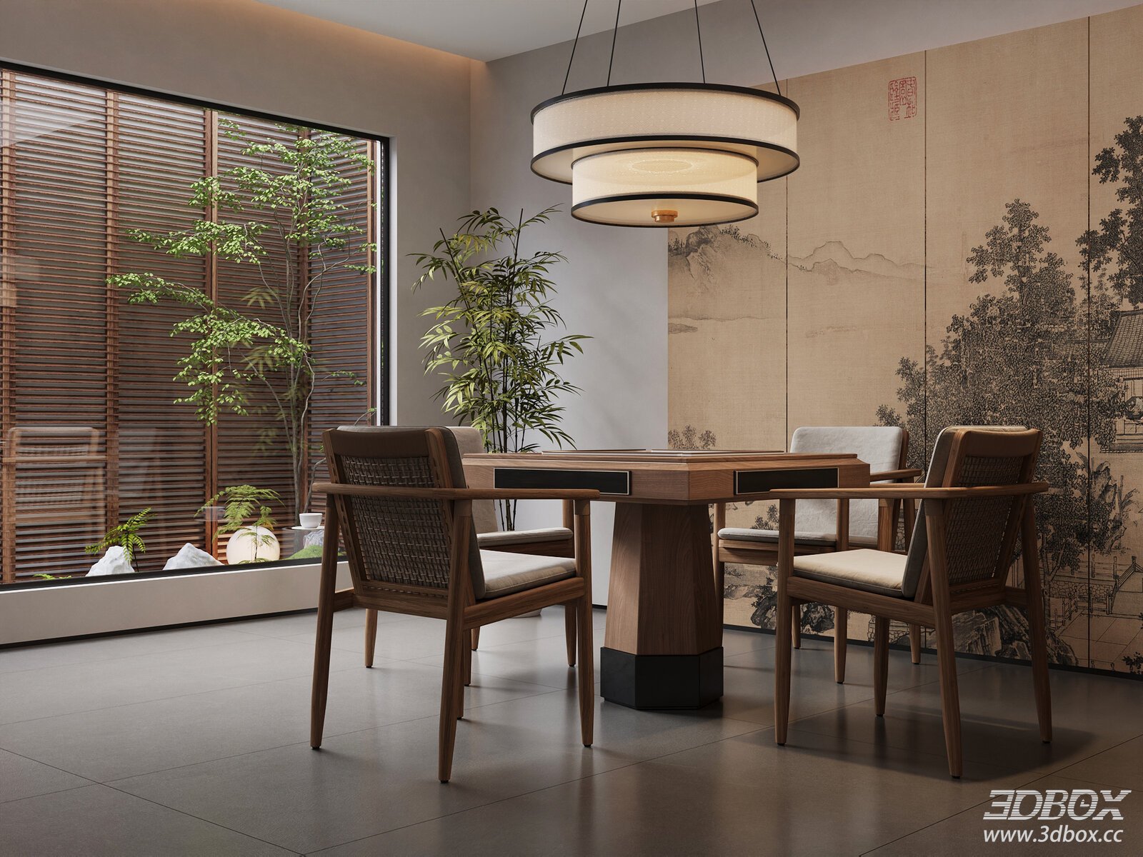New Chinese Style Mahjong Room Interior Scene