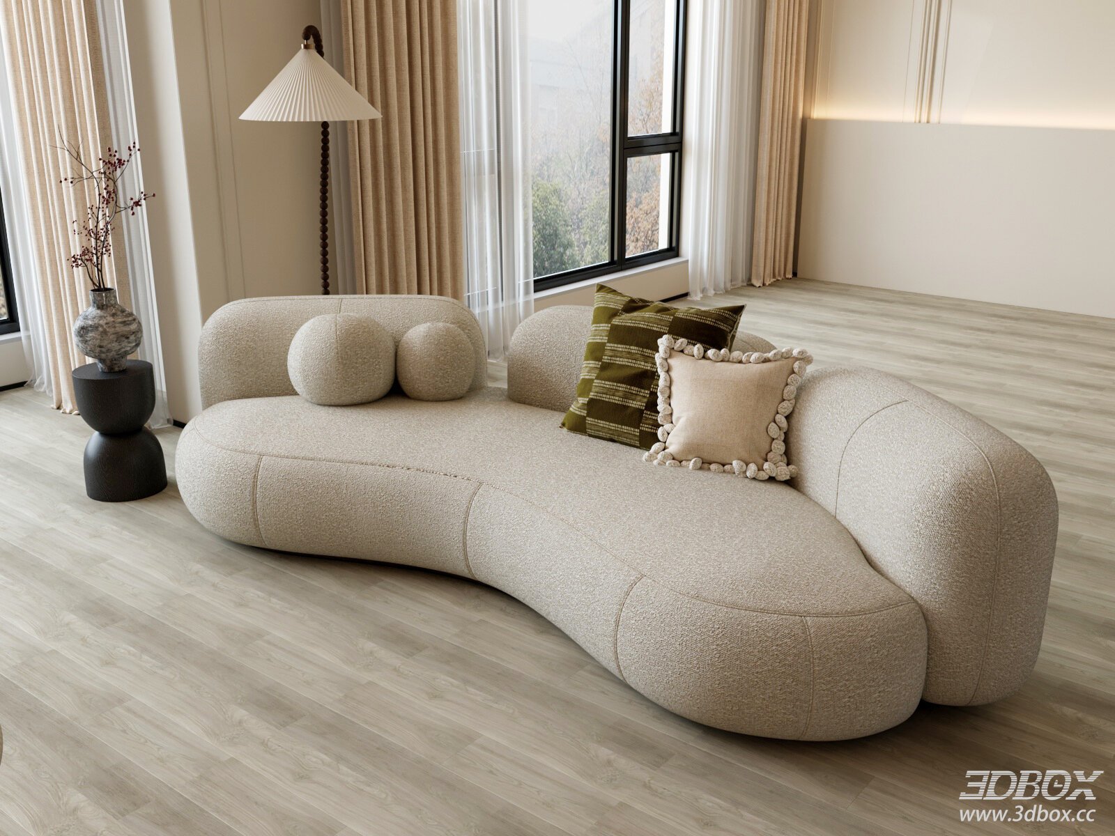 Modern Curved Boucle Fabric Sofa with Decor Pillows