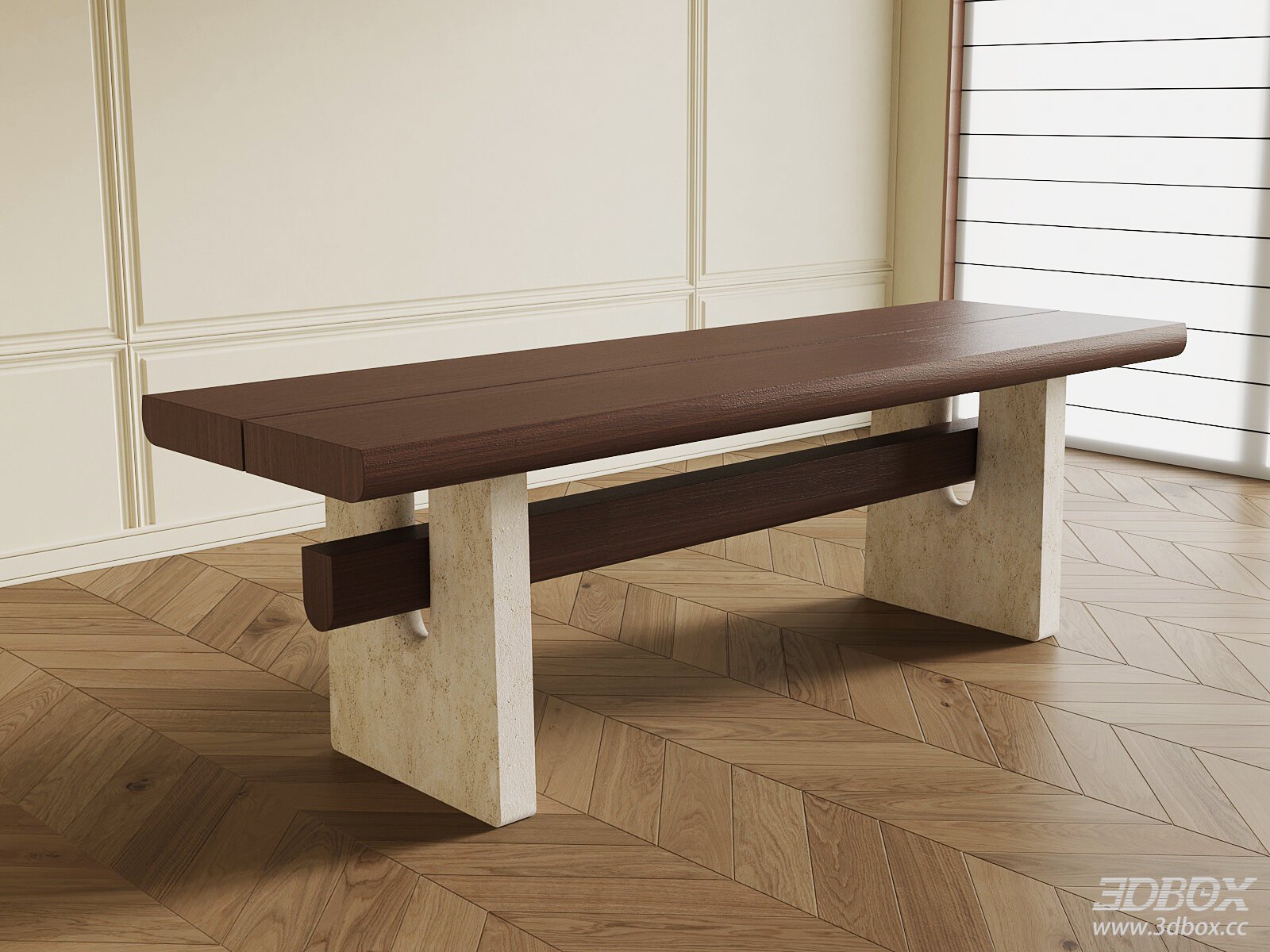 Wabi Sabi Vintage Wooden Long Bench with Travertine Base
