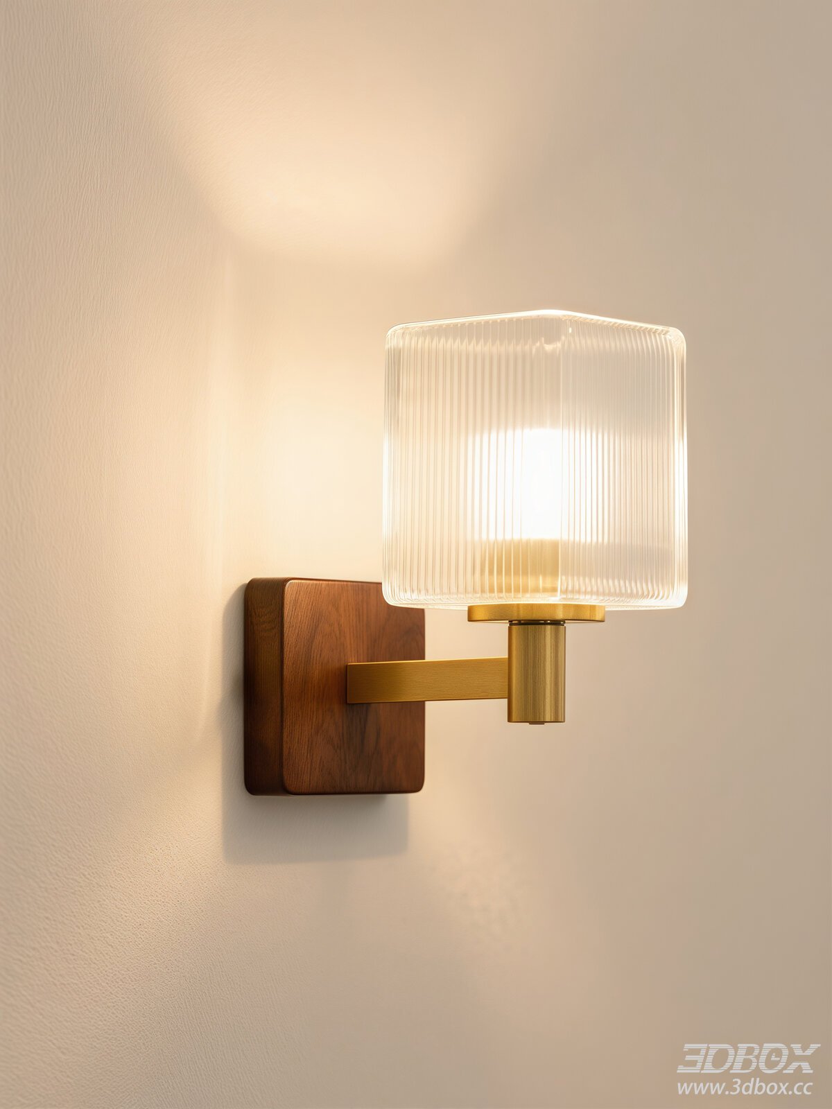 Modern Wooden Brass Wall Lamp with Ribbed Glass Shade