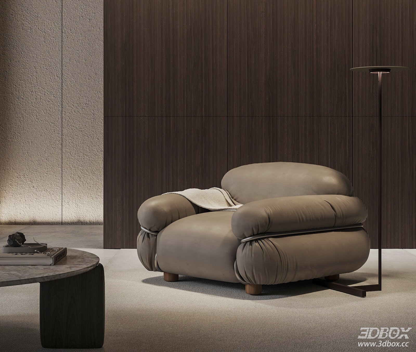 Modern Leather Single Sofa with Floor Lamp and Side Table