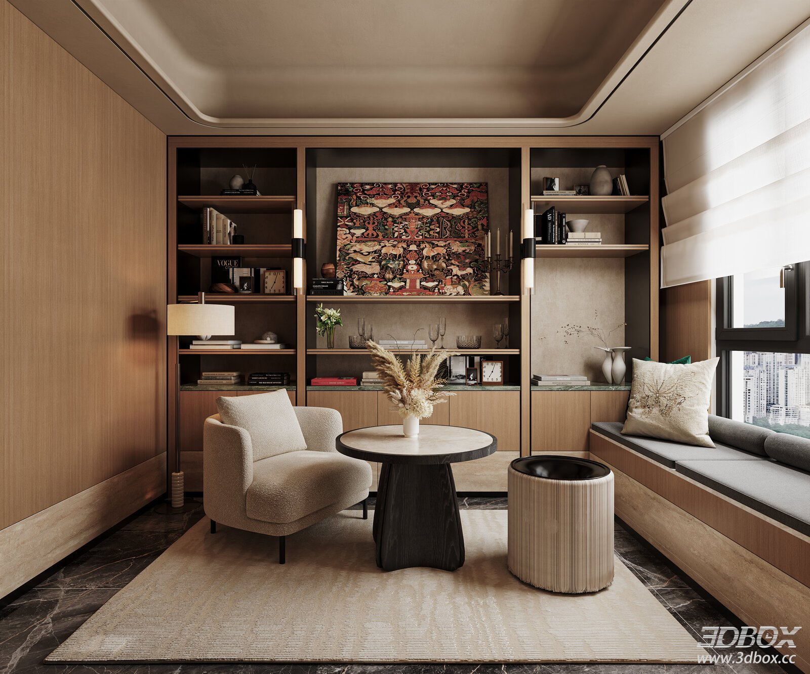Modern Neoclassical Lounge Room with Built-in Shelves and Armchair