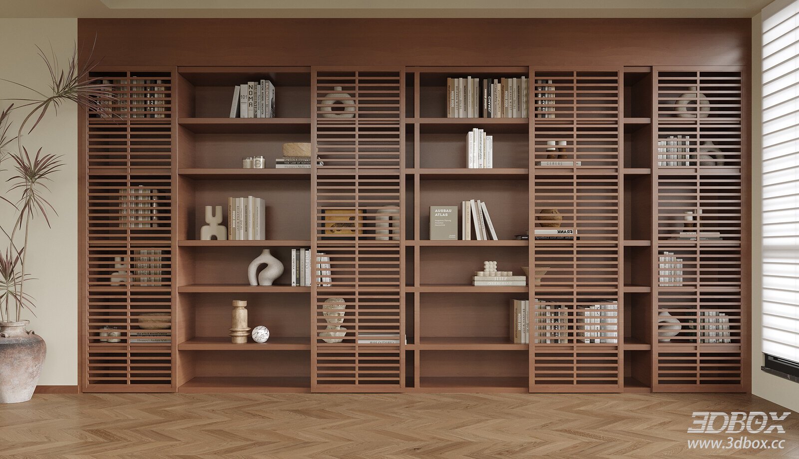 Modern Wooden Slatted Bookshelf Display Rack