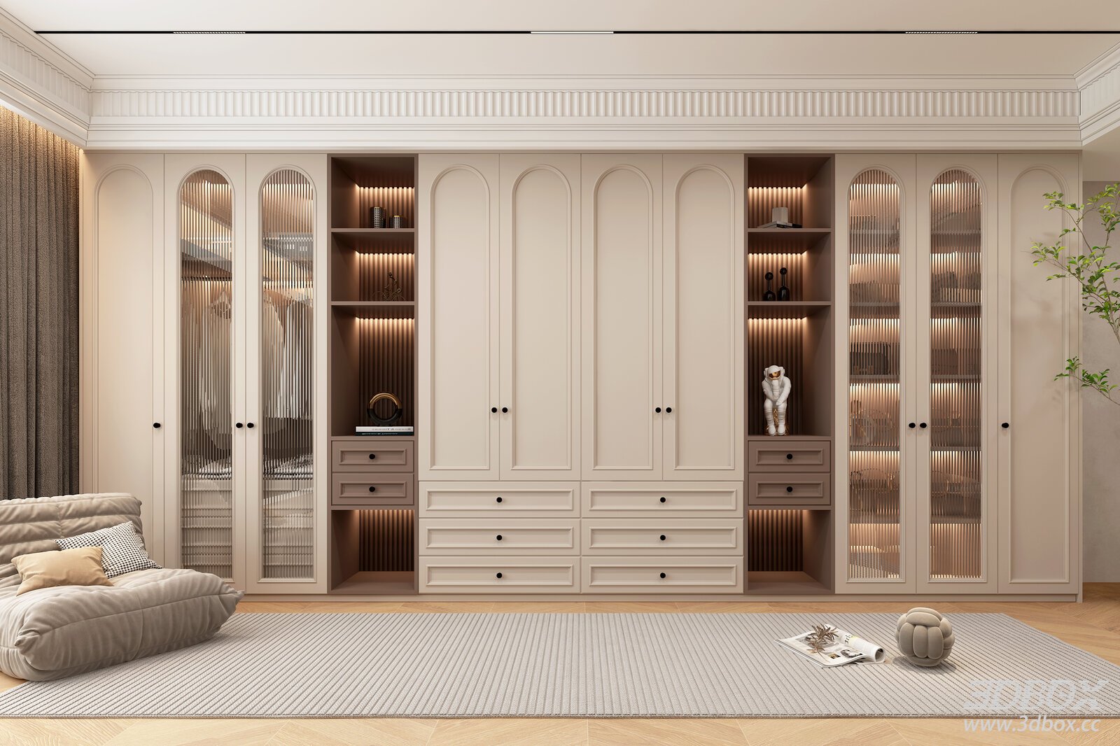 French Style Semi Open Wardrobe with LED Lighting