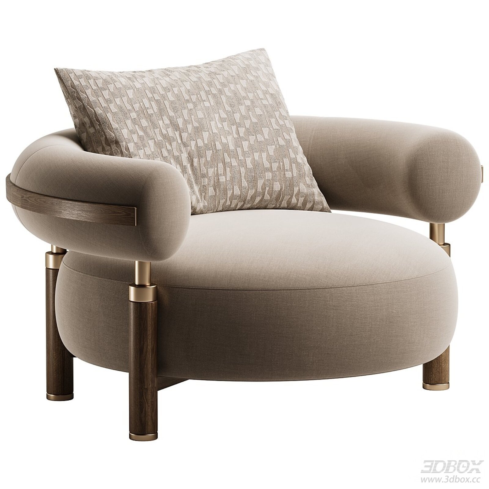 Modern Luxury Fabric Armchair with Wooden Legs and Brass Accents