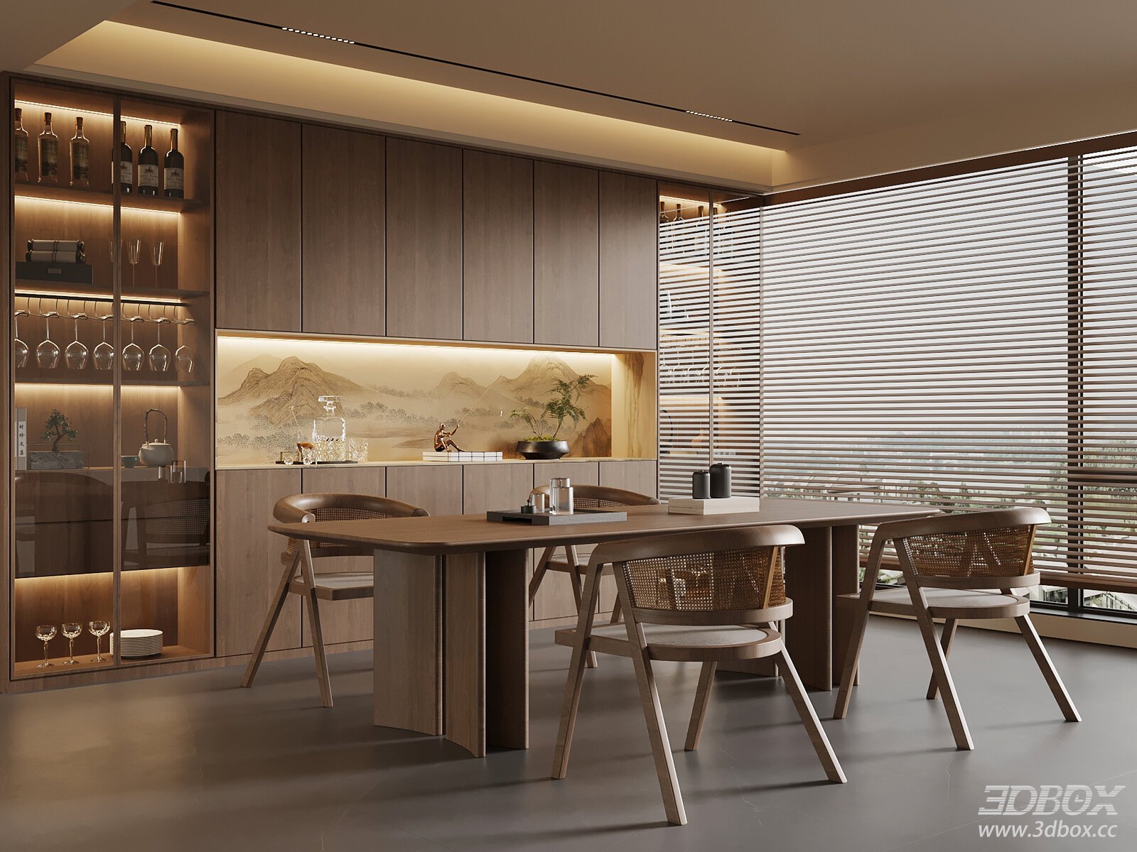 New Chinese Style Dining Room with Dining Table Chairs and Wine Cabinet