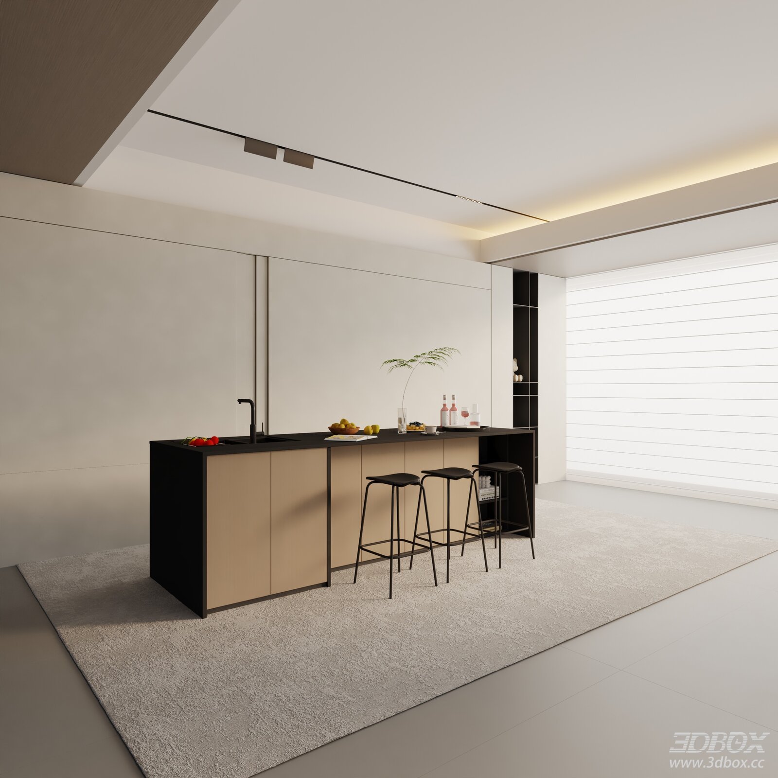 Modern Minimalist Kitchen Island Dining Scene with Bar Stools