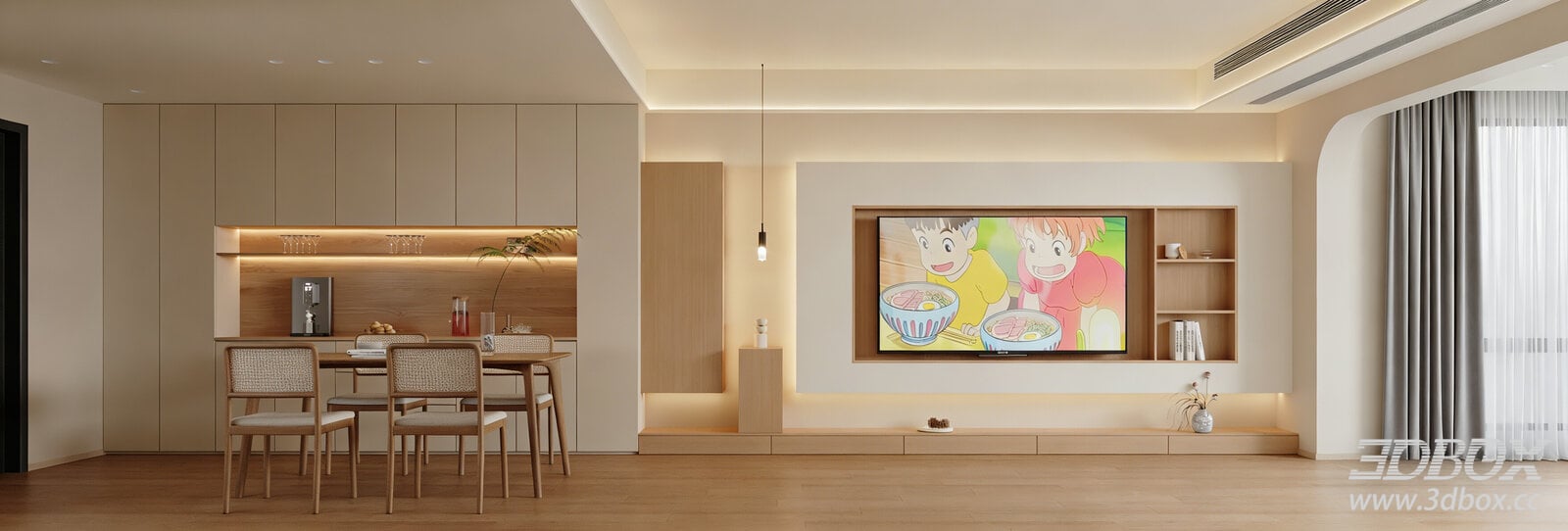 Modern Cream Wood Living and Dining Room Interior