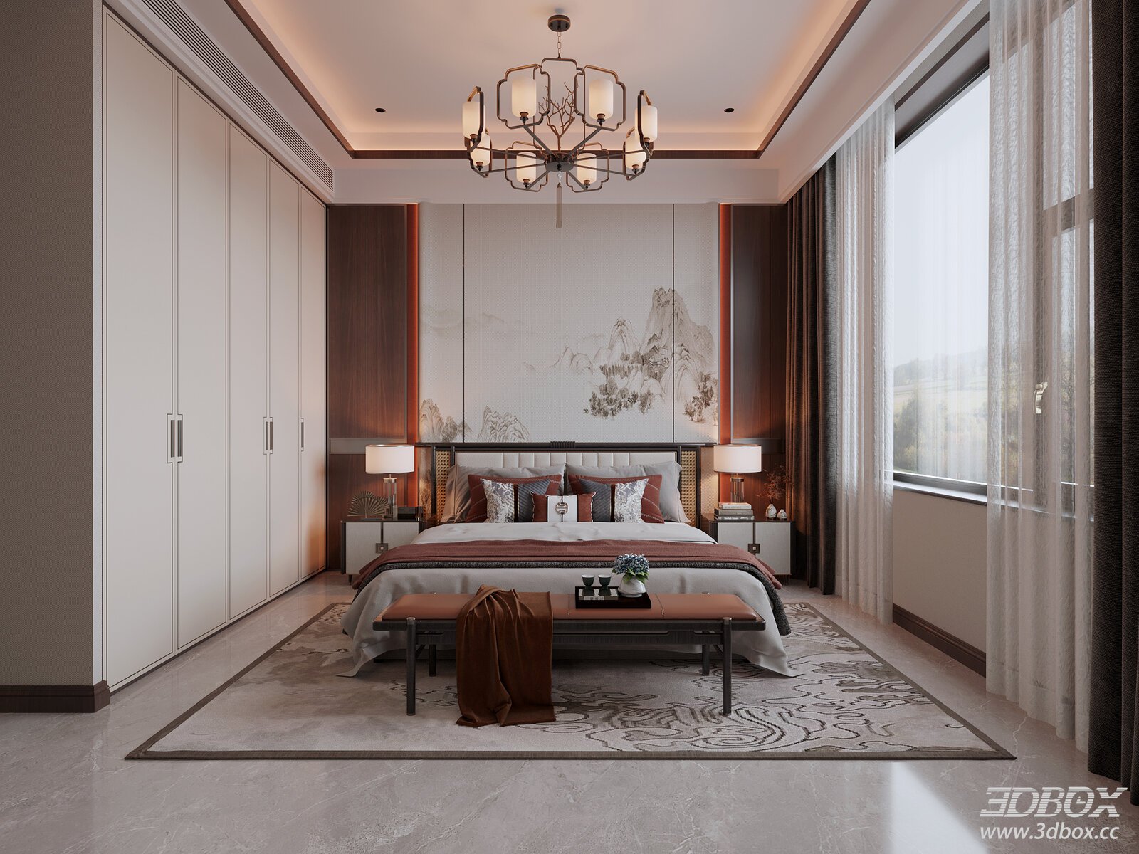 New Chinese Style Master Bedroom Interior Scene