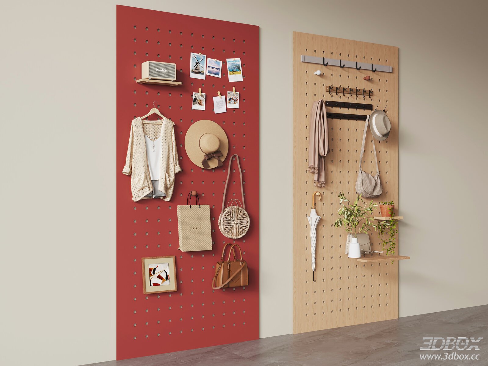 Modern Pegboard Wall Panel Decor Set with Hooks and Shelves