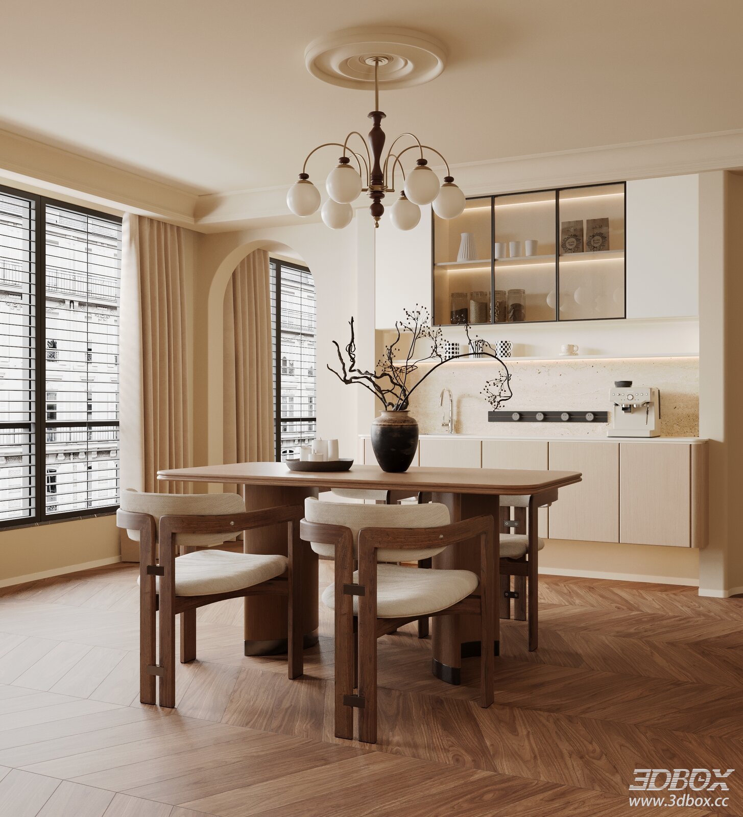 Mid Century Modern Beige Dining Room with Kitchen Area