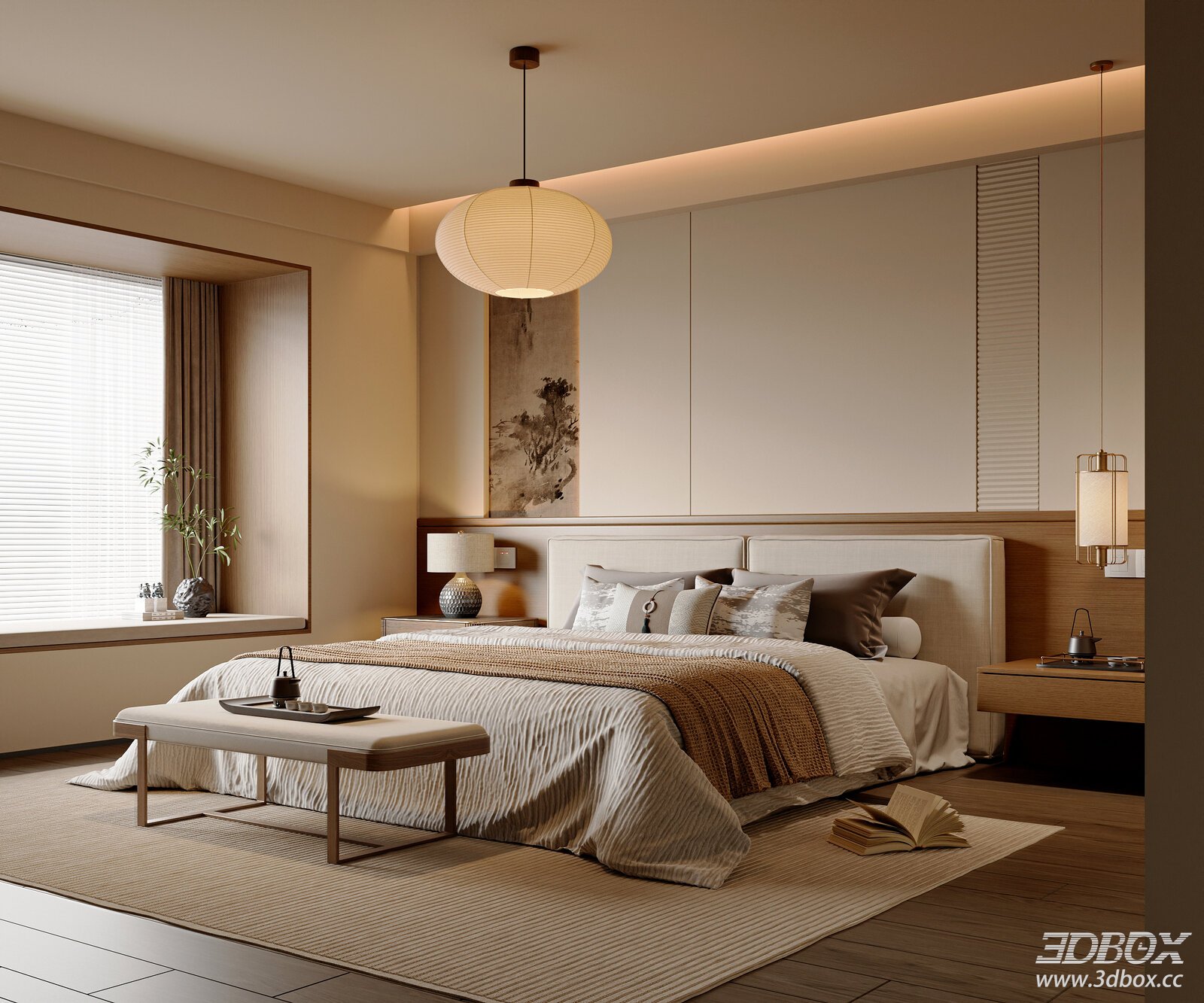 New Chinese Style Bedroom with Double Bed and Soft Furnishings