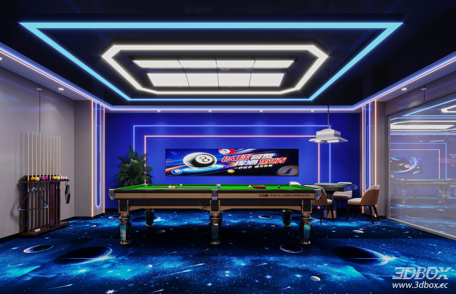 Modern Billiard Room with Neon Lighting and Galaxy Pattern Carpet