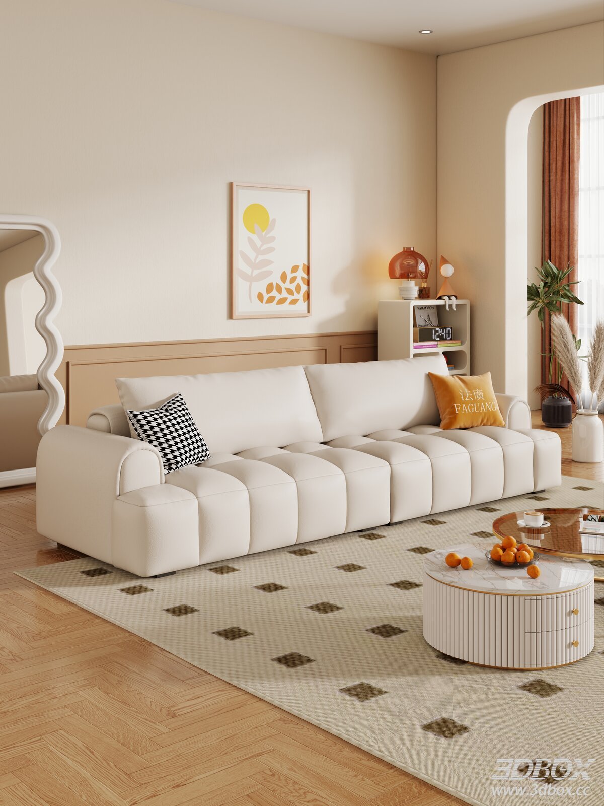 Cream Style Modern Minimalist Living Room with Leather Sofa Set