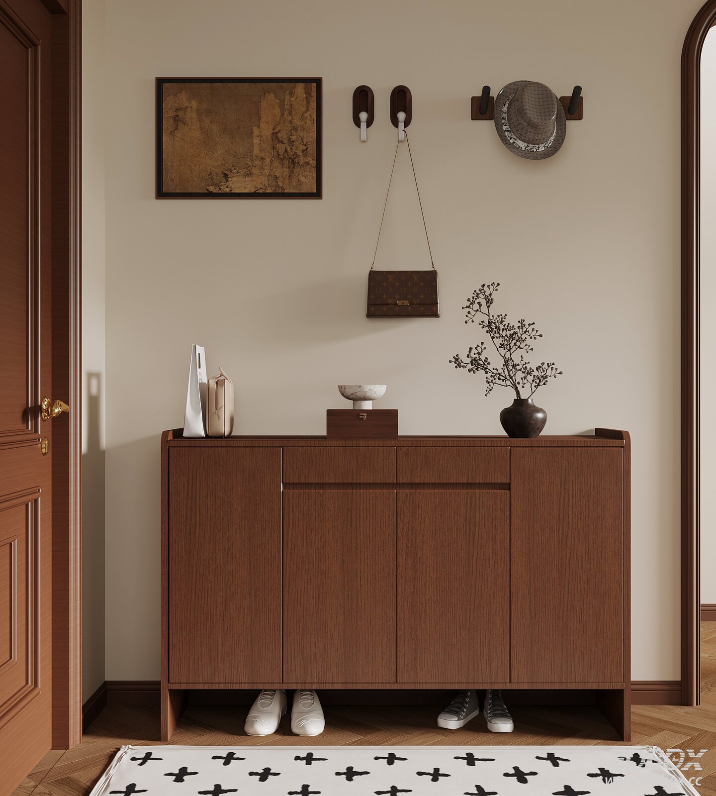 Vintage Mid-century Wooden Hallway Shoe Cabinet Set