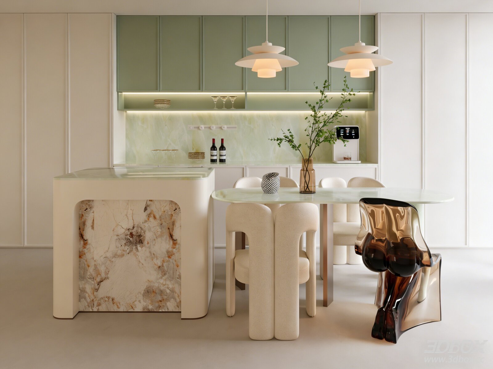 Modern Cream Style Dining Room with Kitchen Island