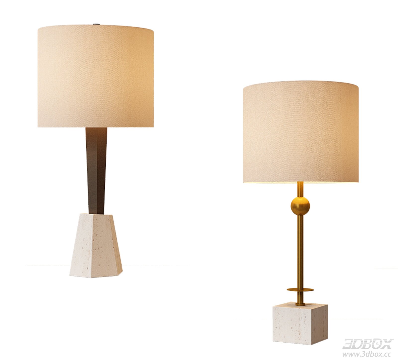 Modern Luxury Table Lamp Set with Fabric Shade and Travertine Base