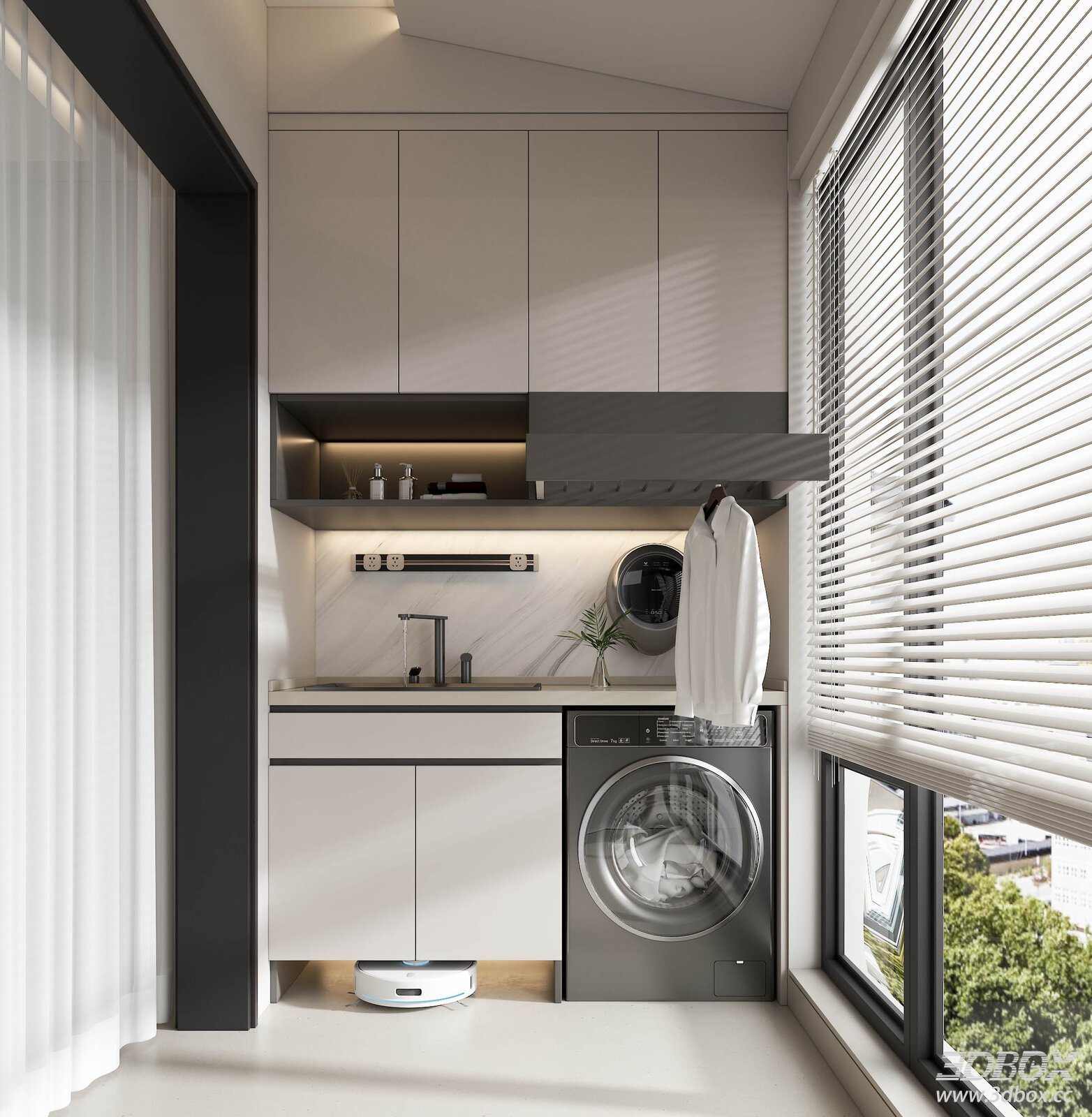 Modern Minimalist Laundry Balcony Scene With Washing Machine Cabinet