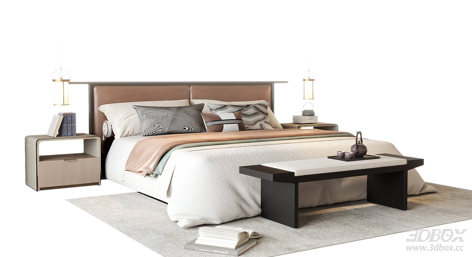 New Chinese Style Double Bed Set with Nightstands and Bench