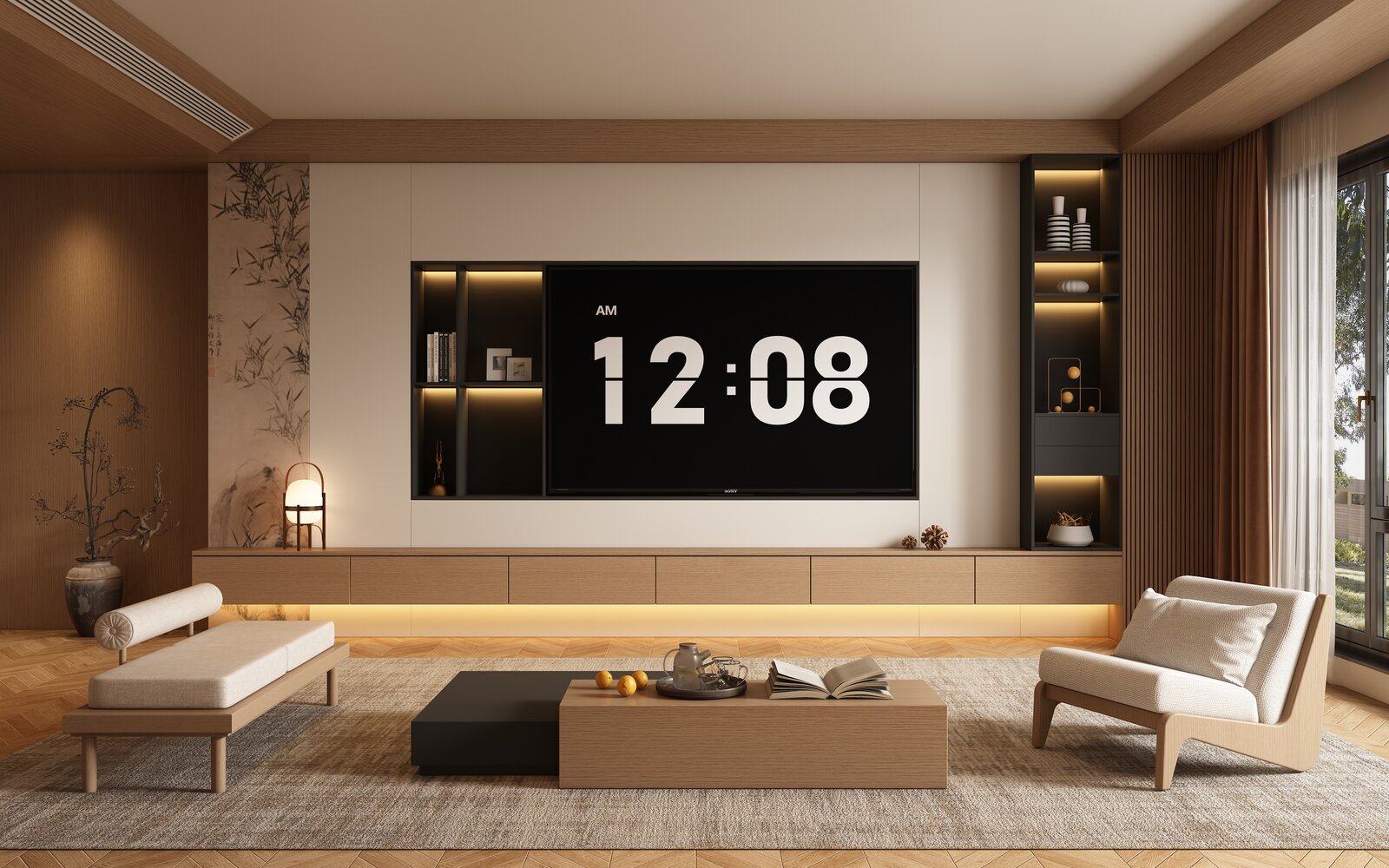 New Chinese Style Living Room TV Wall Scene