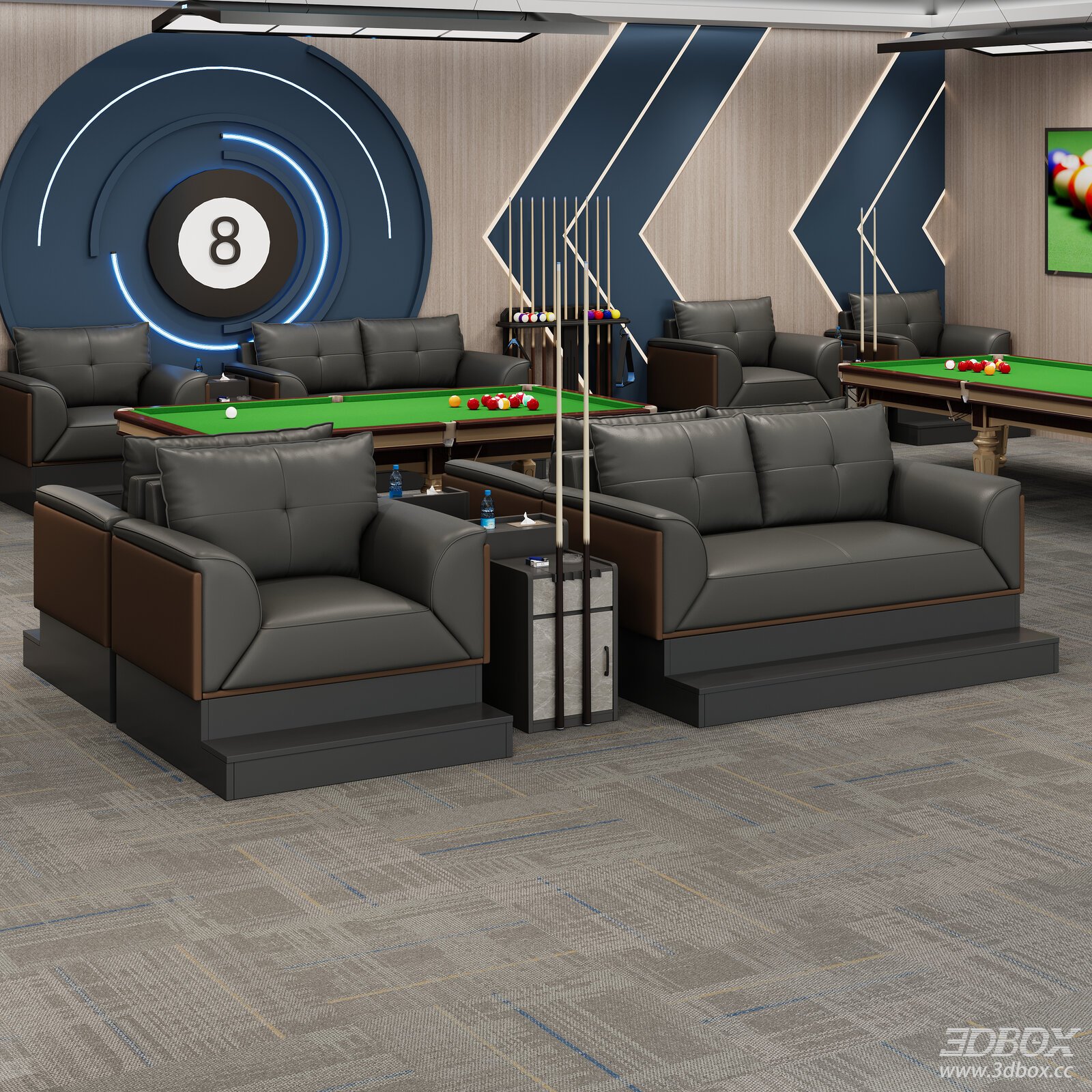 Modern Billiard Room with Leather Sofas and Pool Tables