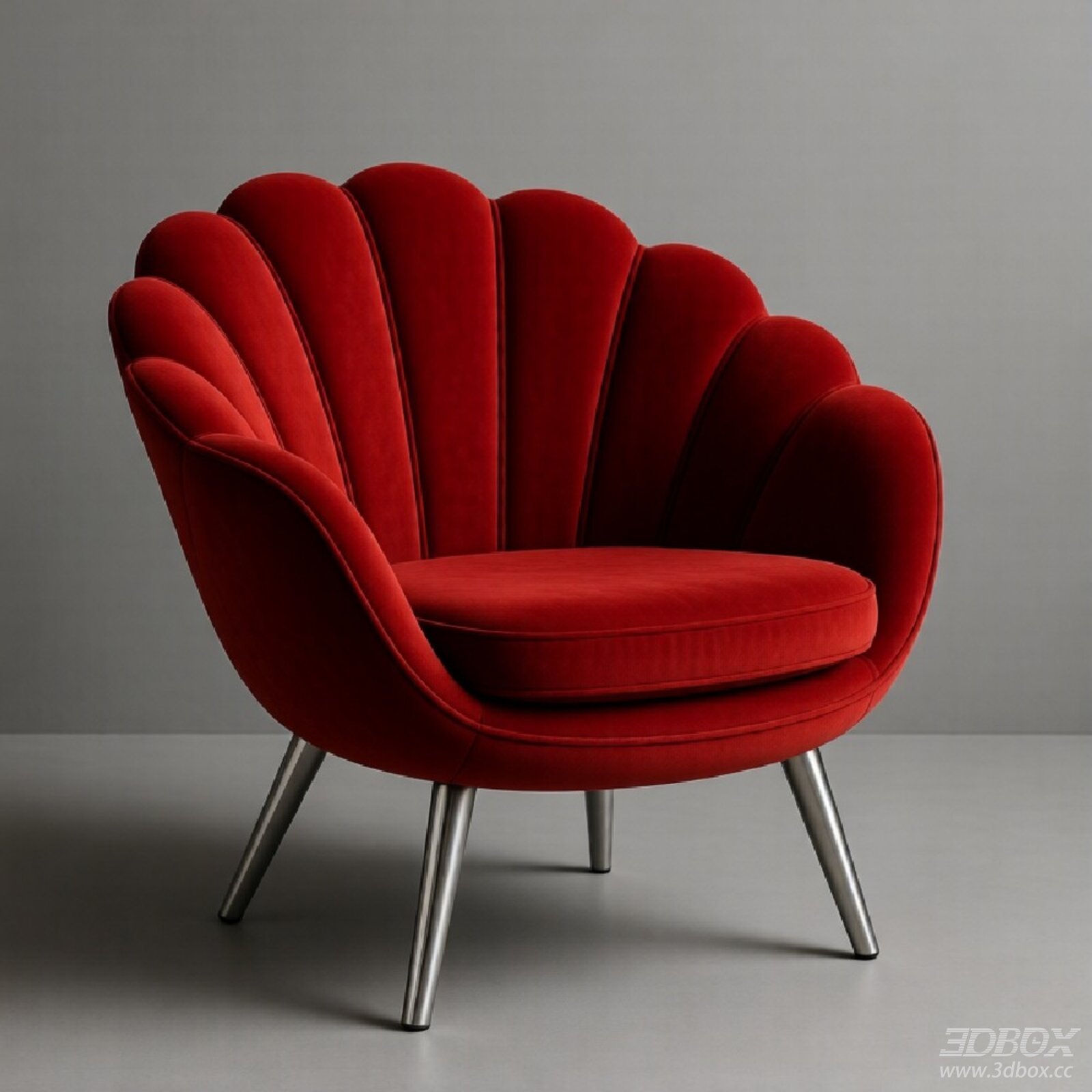 Red Velvet Scalloped Back Armchair with Metal Legs