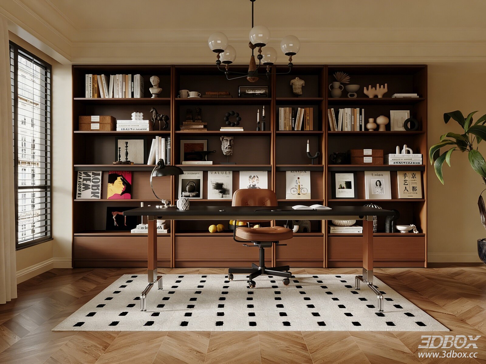 Modern Home Work Room with Full Wall Bookshelf and Desk
