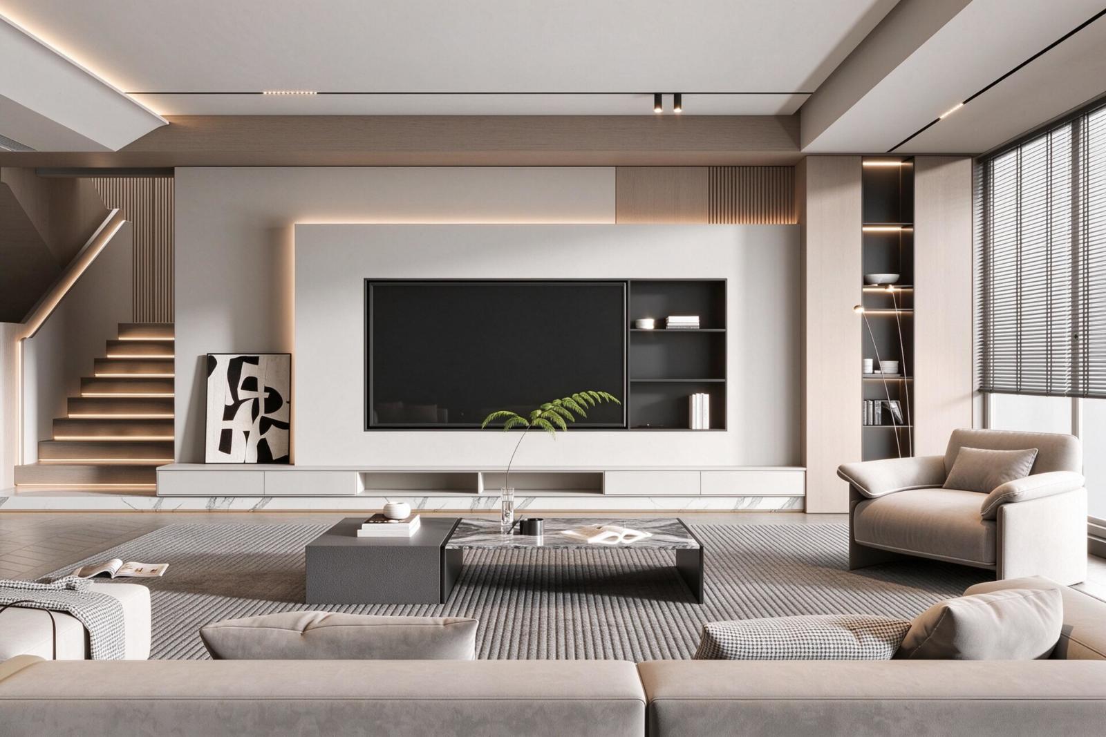 Modern Luxury Villa Living Room with Sofa and Coffee Table