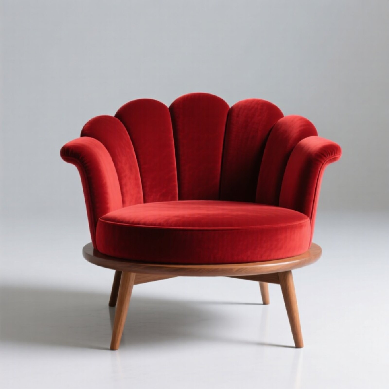 Modern Red Velvet Armchair with Wooden Base