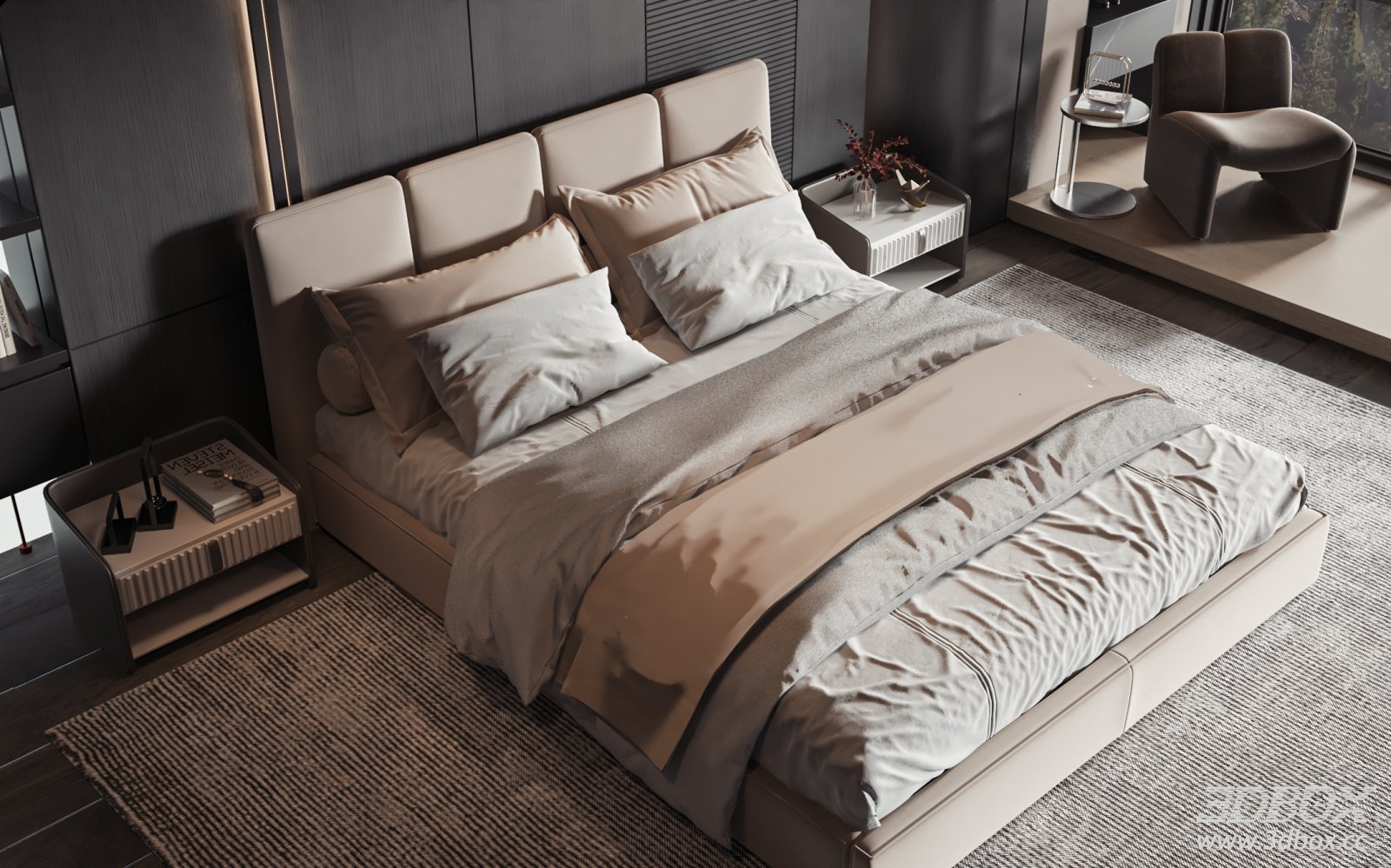 Modern Luxury Minimalist Bedroom Scene with Upholstered Bed