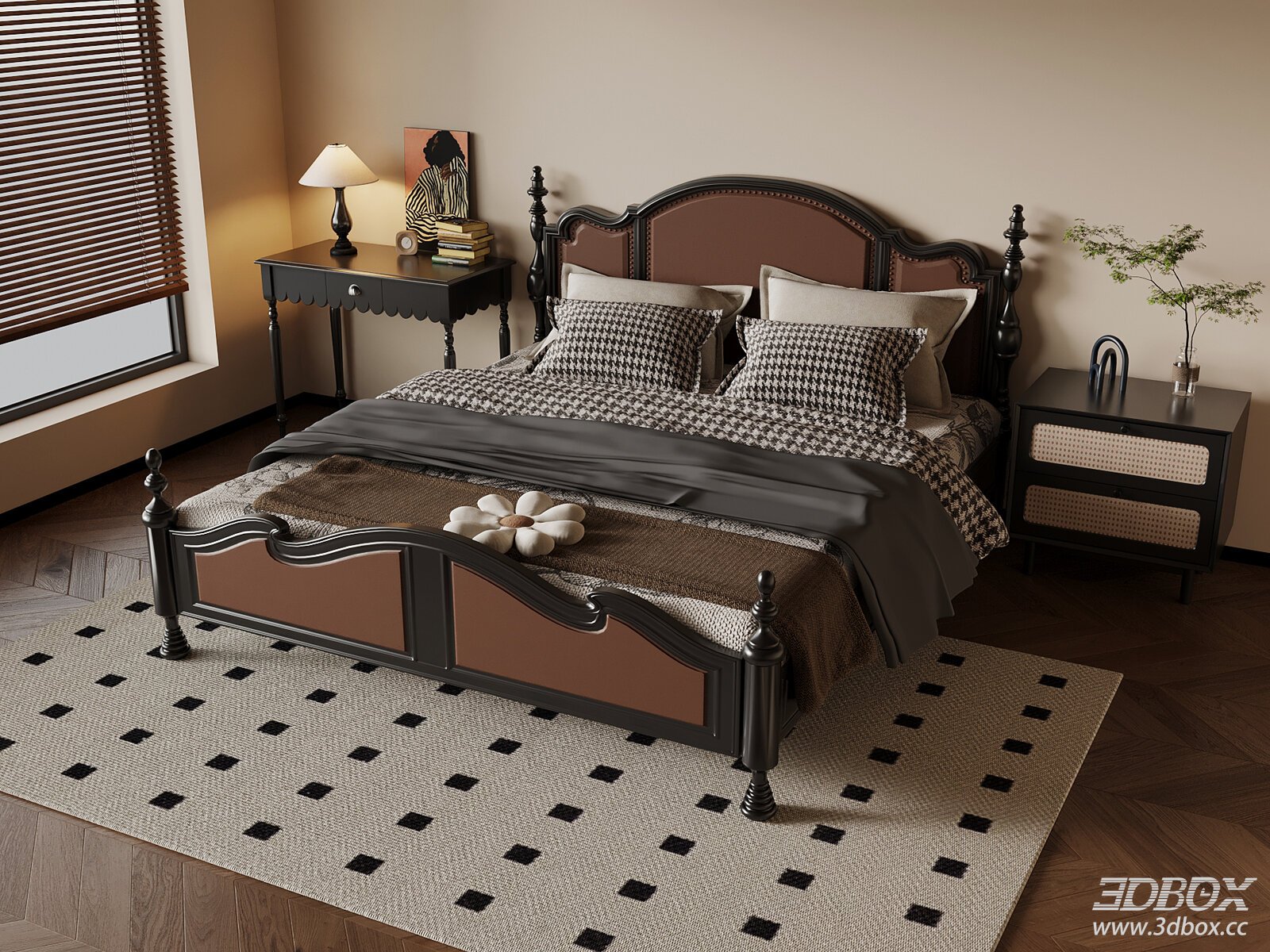 French Style Bedroom With Double Bed Nightstands and Desk