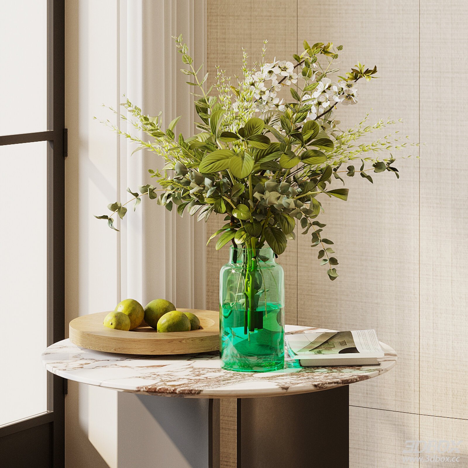 Modern Floral Arrangement with Green Glass Vase Decor Set