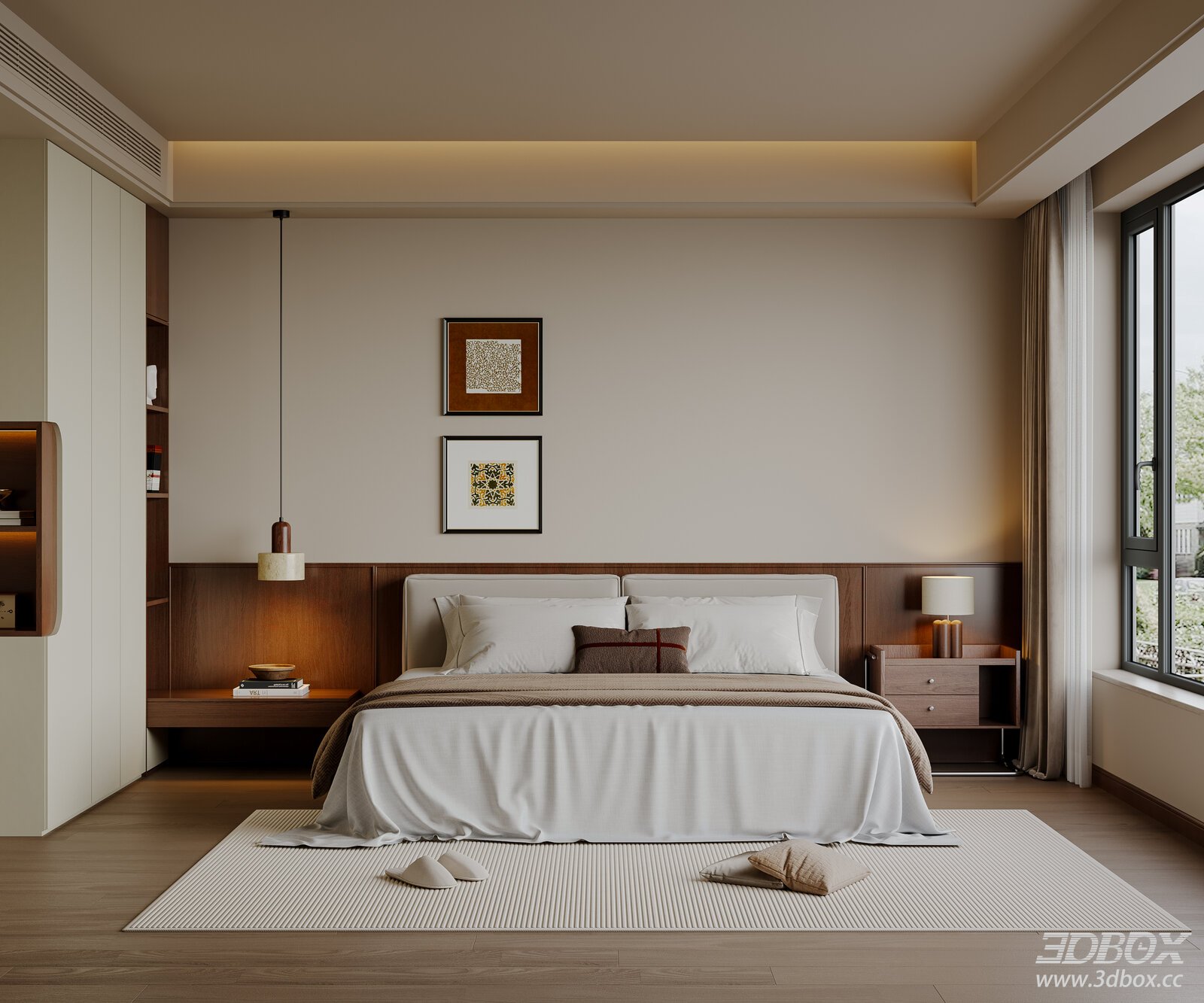 Mid-Century Modern Bedroom with Fabric Double Bed