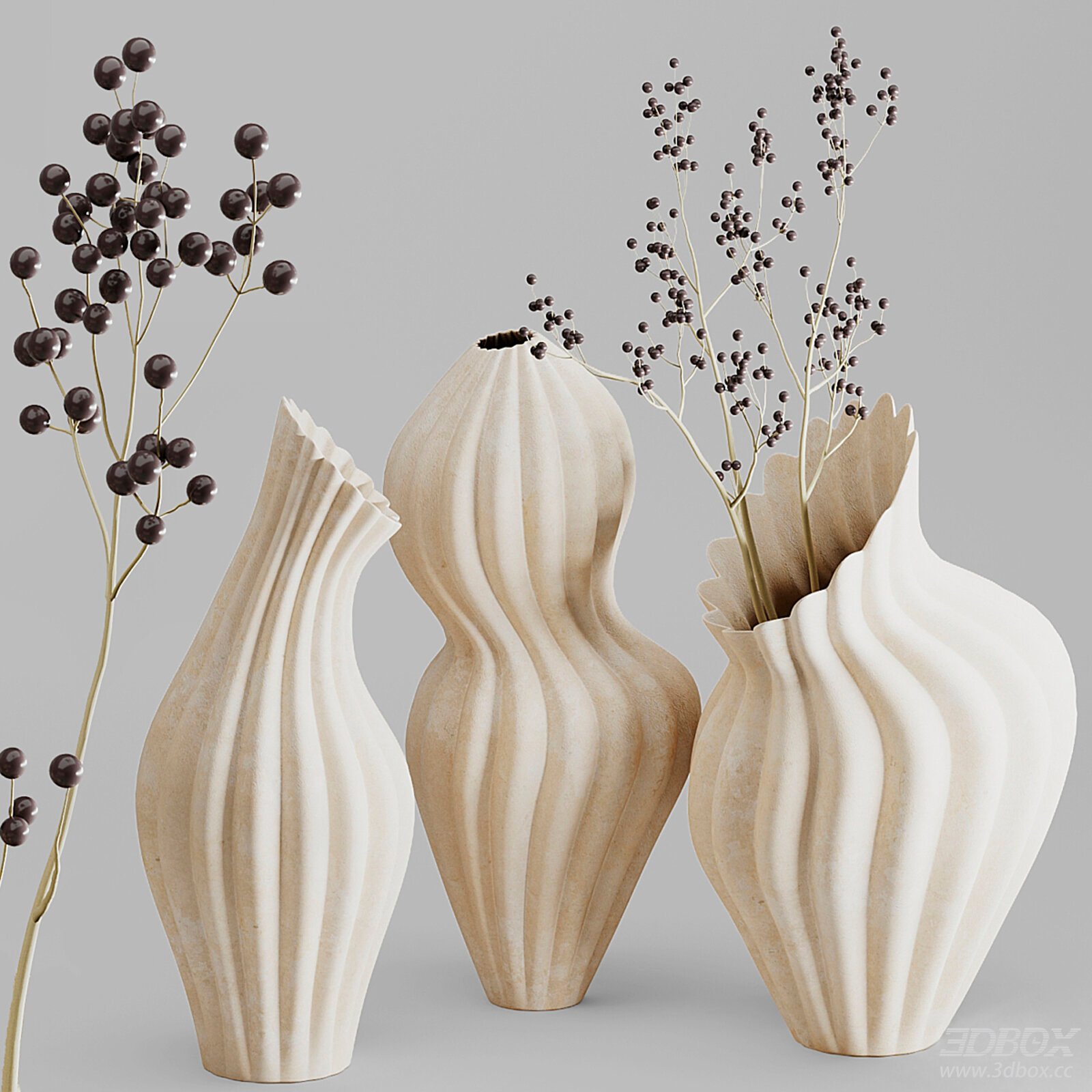 Modern Wavy Ceramic Vase Set with Dried Berry Branches