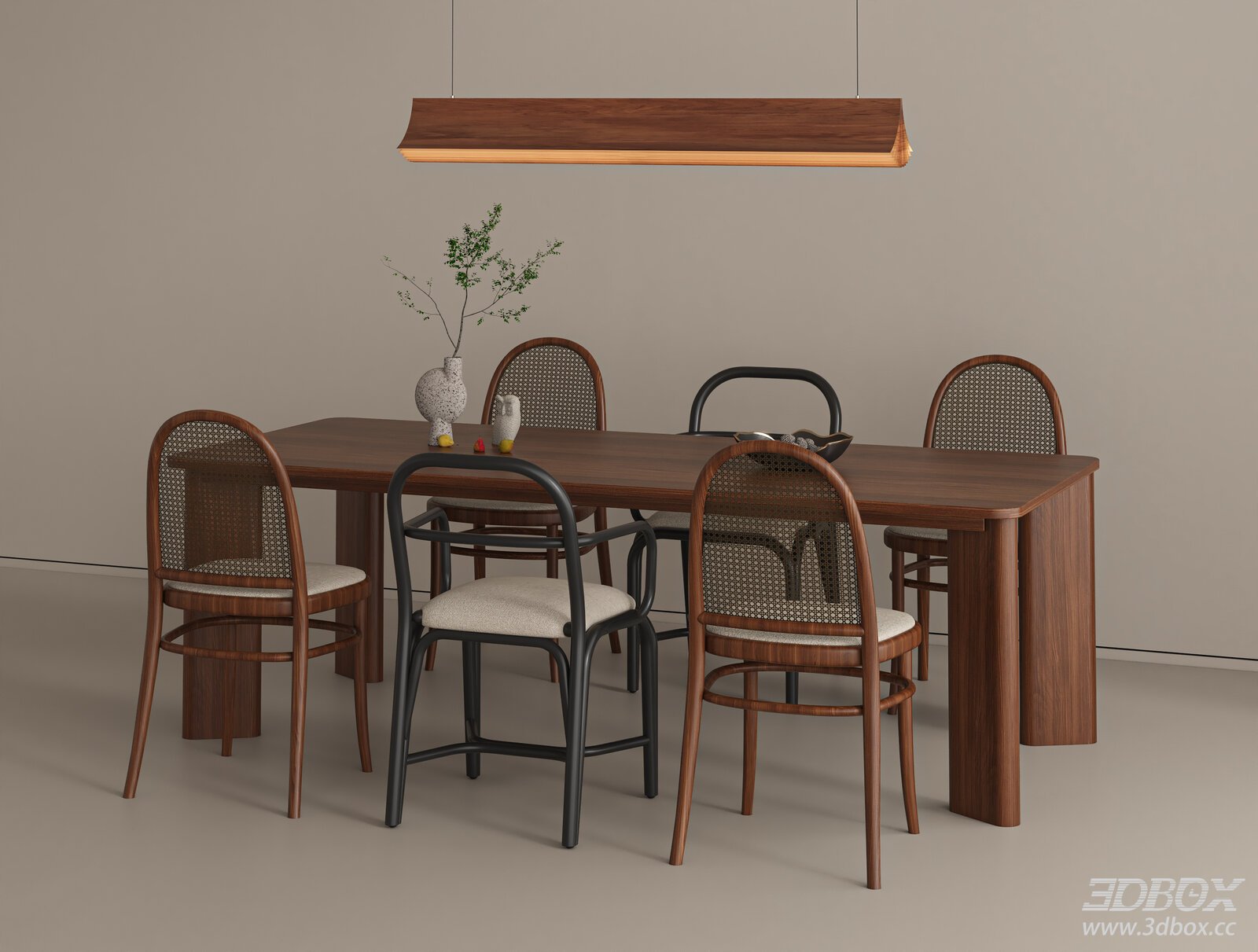 Wabi Sabi Mid Century Wooden Dining Table and Rattan Chairs Set