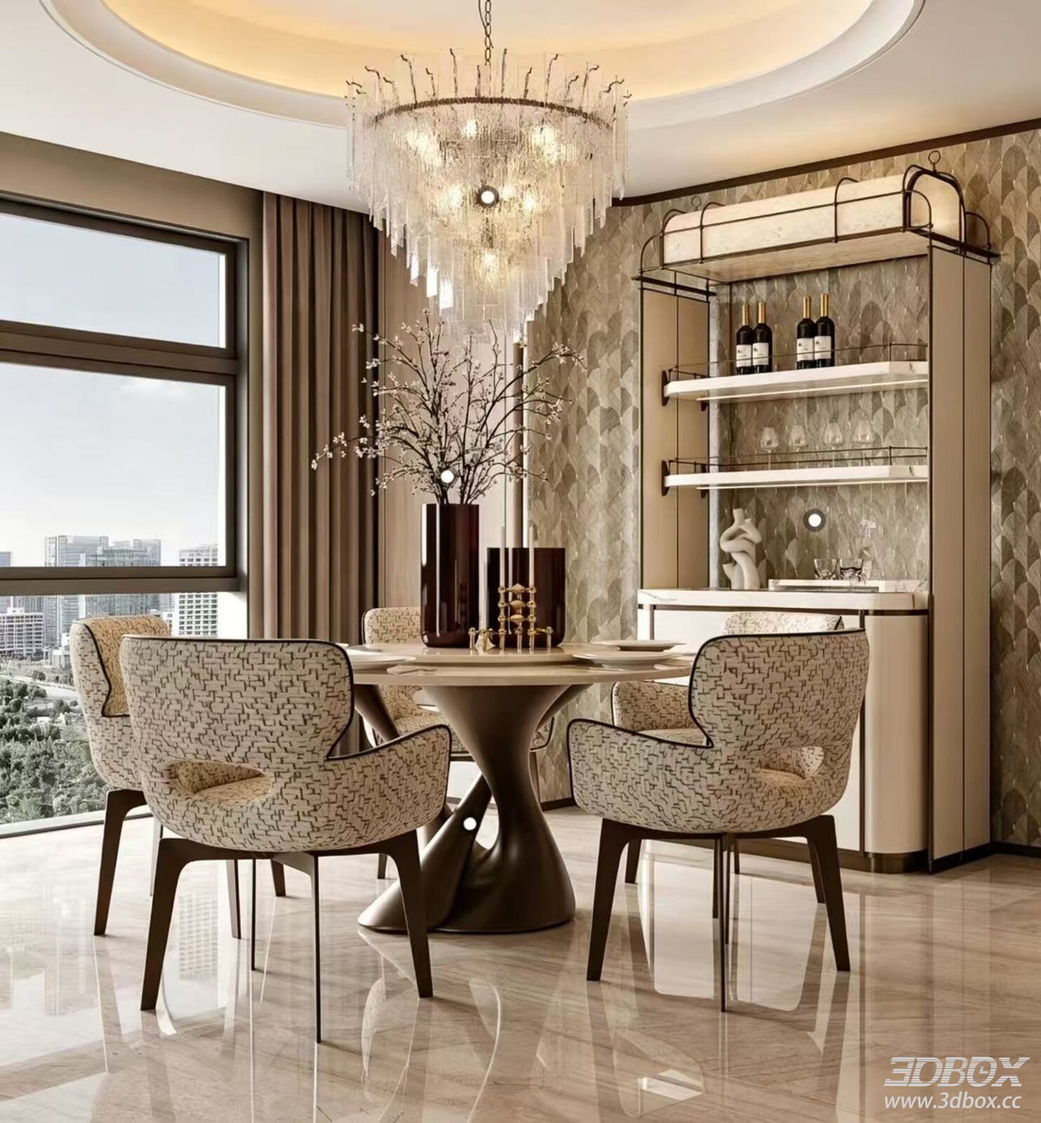 Modern Luxury Dining Room with Round Table and Crystal Chandelier