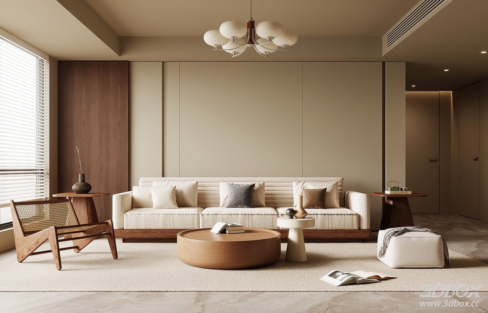 Mid-century Modern Beige Living Room Interior Scene