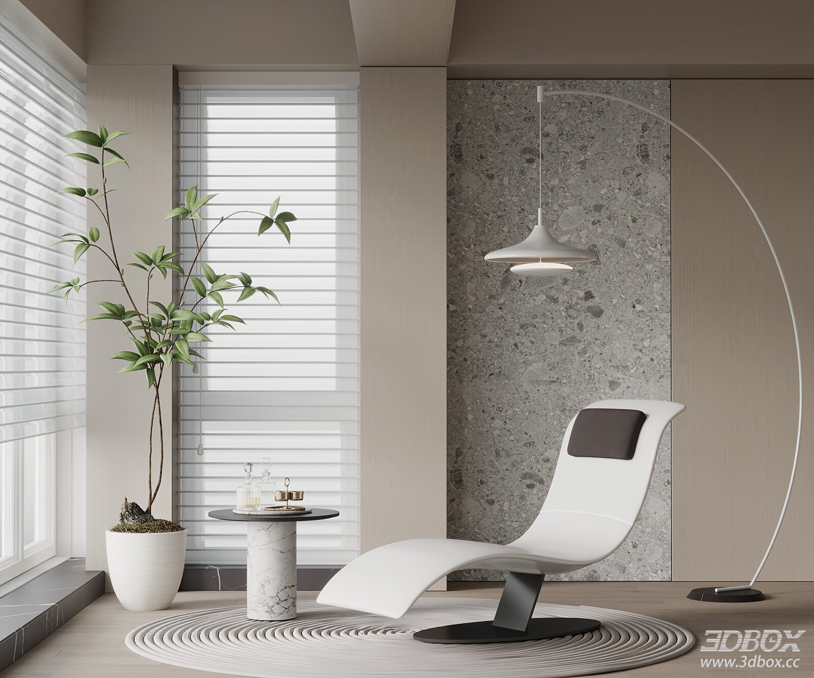 Modern Lounge Chair with Arc Floor Lamp and Marble Side Table
