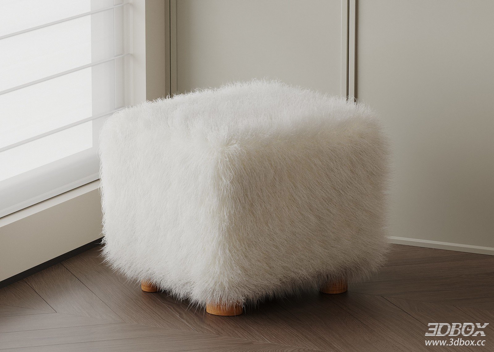 Modern Fluffy Fabric Square Stool with Wooden Legs