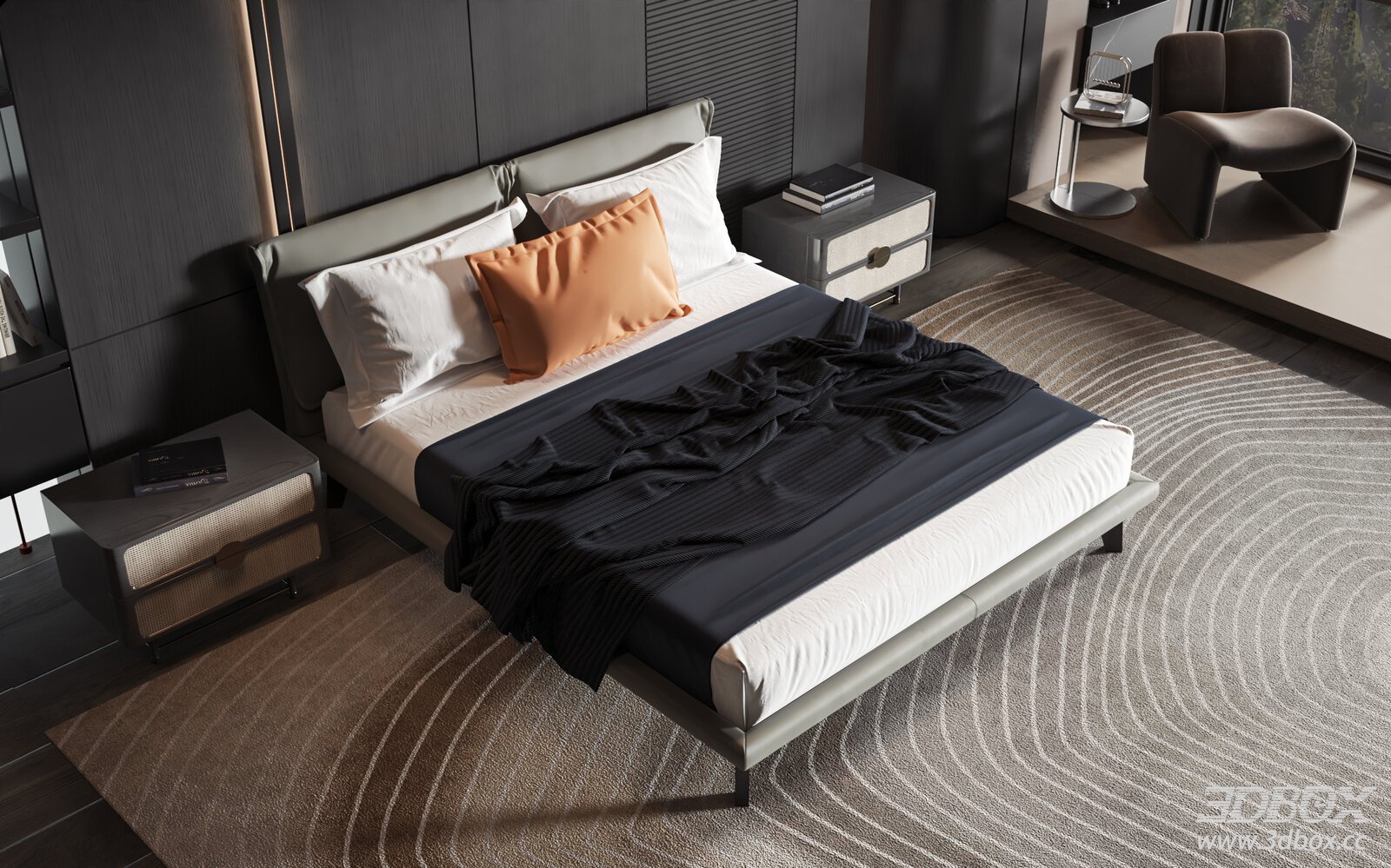 Modern Luxury Minimalist Bedroom Scene With Double Bed