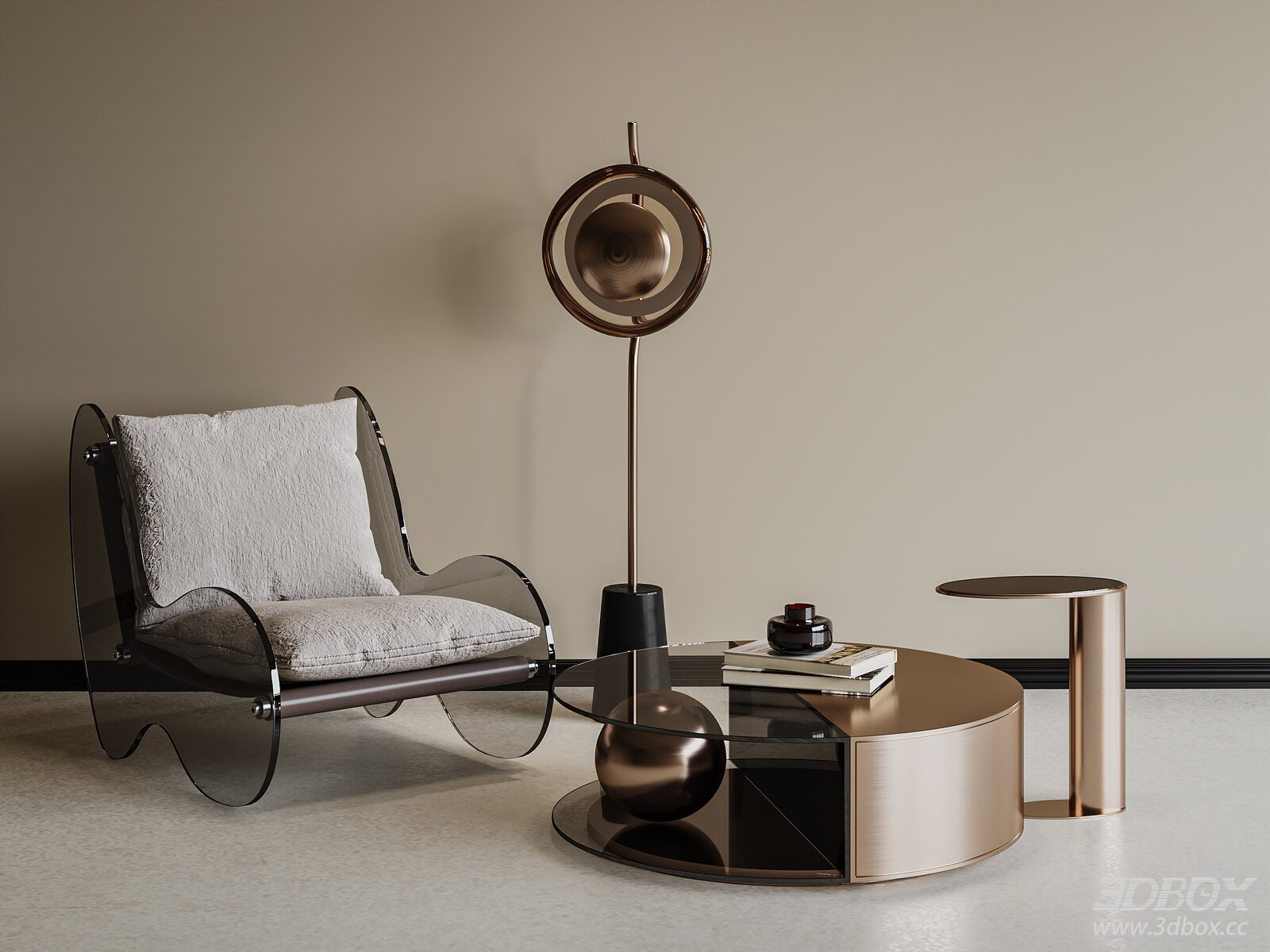 Modern Glass Frame Armchair with Coffee Table and Floor Lamp