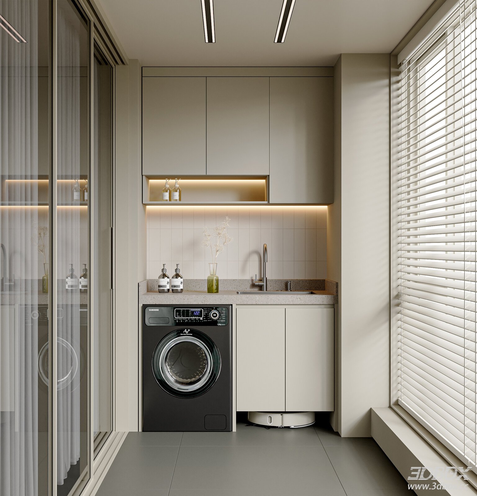 Modern Minimalist Laundry Balcony Scene with Washing Machine Cabinet