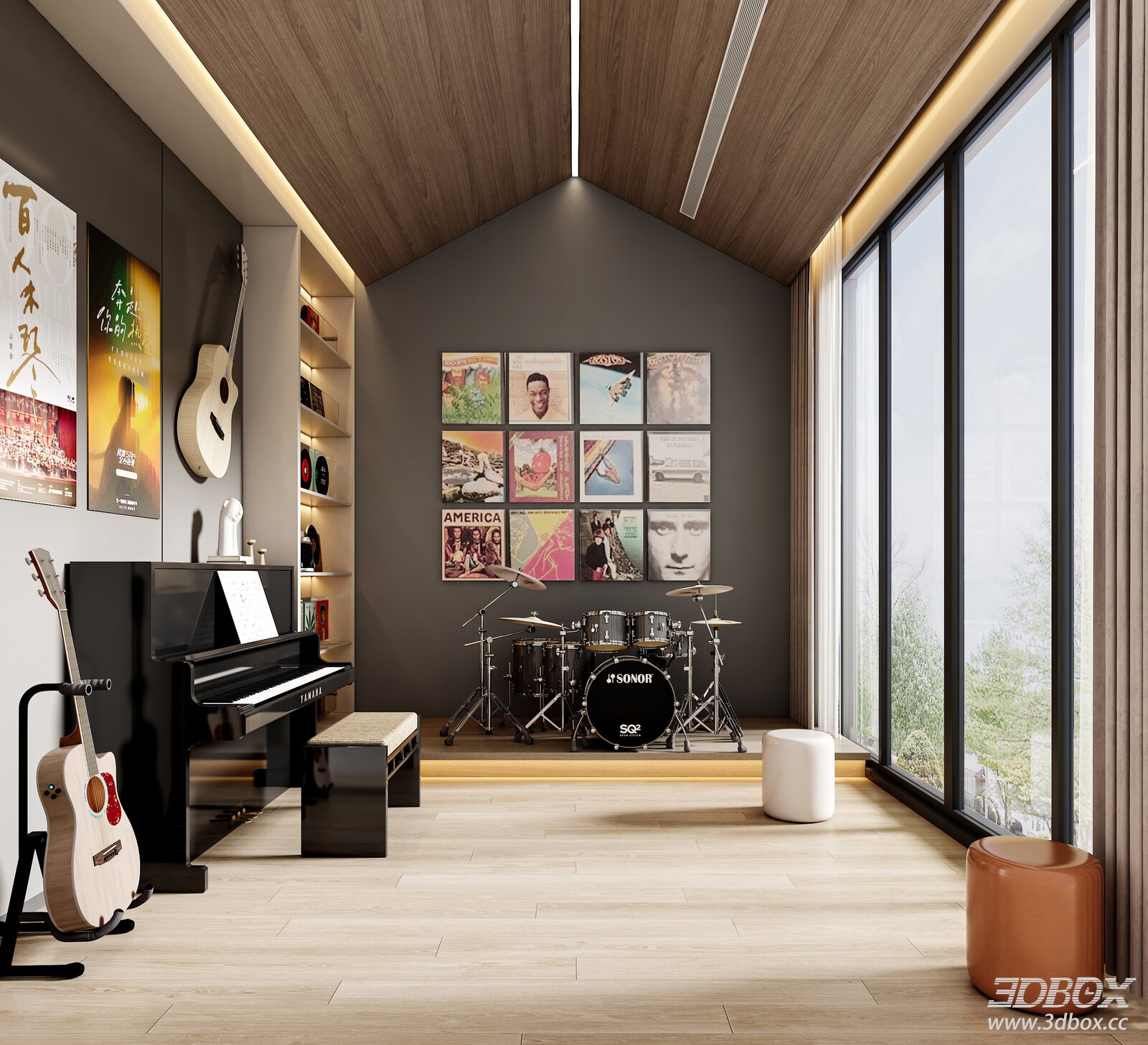 Modern Music Room Interior with Piano Drum Set and Guitars