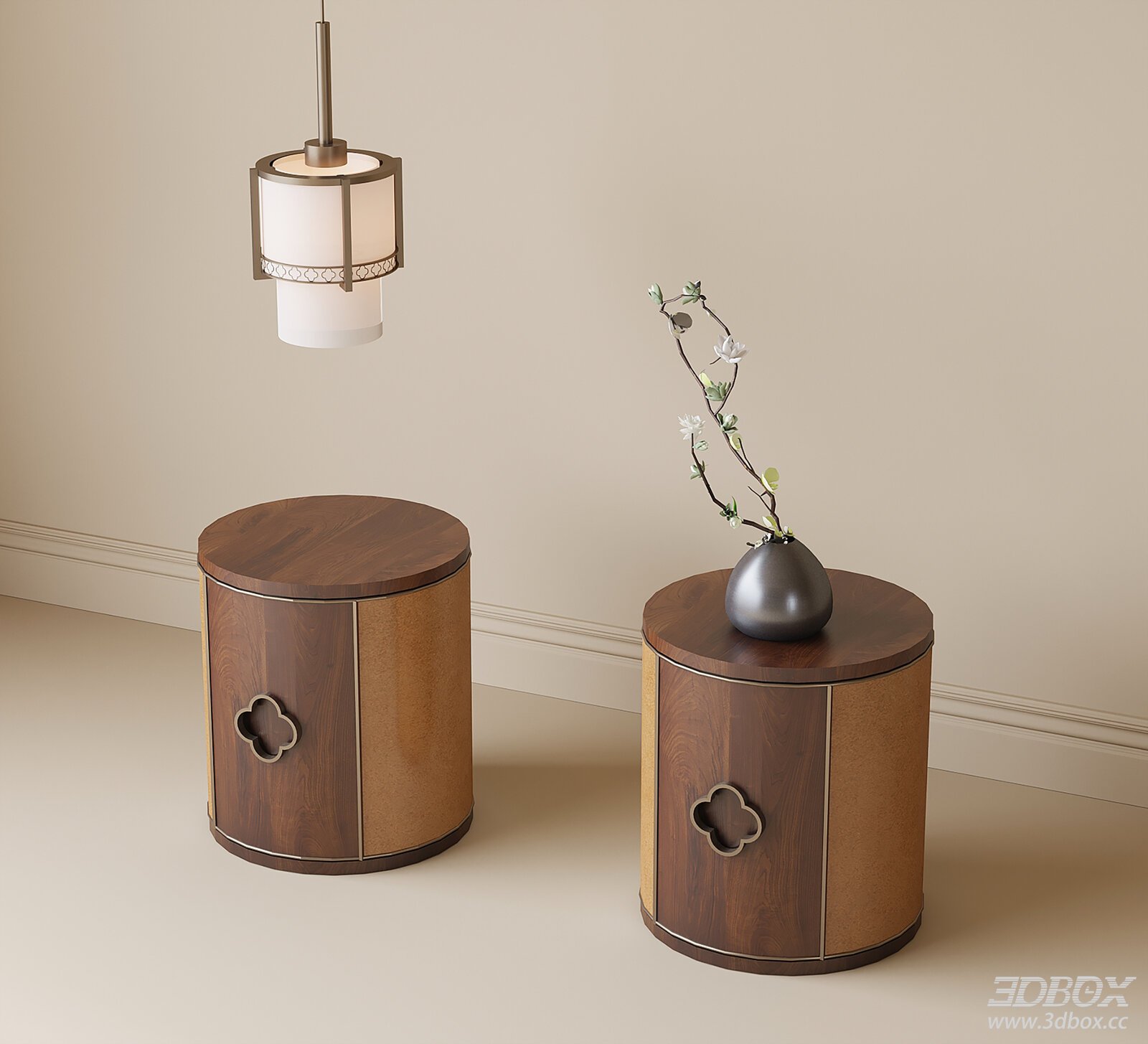 New Chinese Style Round Wooden Side Table Set with Pendant Lamp