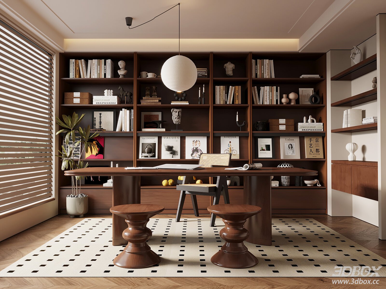 Mid Century Vintage Study Work Room with Bookshelf and Desk